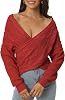 Seta T Womens Casual V Neck Long Sleeve Sweater Cross Wrap Front Off Shoulder Ribbed Knit Pullover Sweater