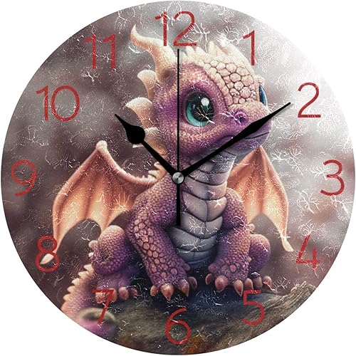 HANZHY Reloj de pared con diseño de dragón morado, estilo retro, rústico, redondo, funciona con pilas, silencioso, sin tictac, reloj decorativo para