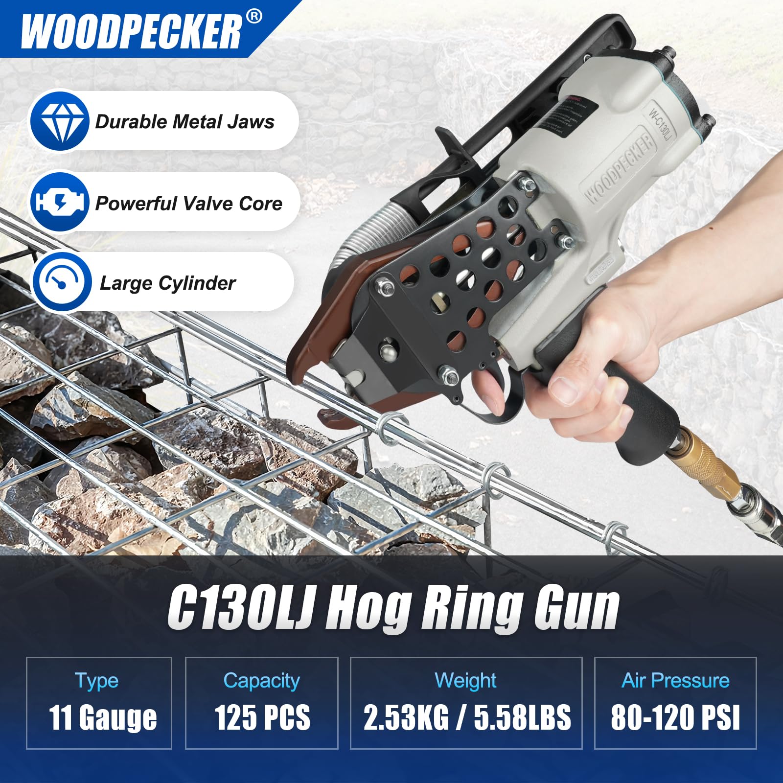 Grapadora neumática de anillo de cerdo de calibre 11 de Woodpecker C130L, diámetro de cierre de 1314 mm, corona de 1 12 pulgadas, pistola de anillo C ligera y potente para esgrima de fronteras,