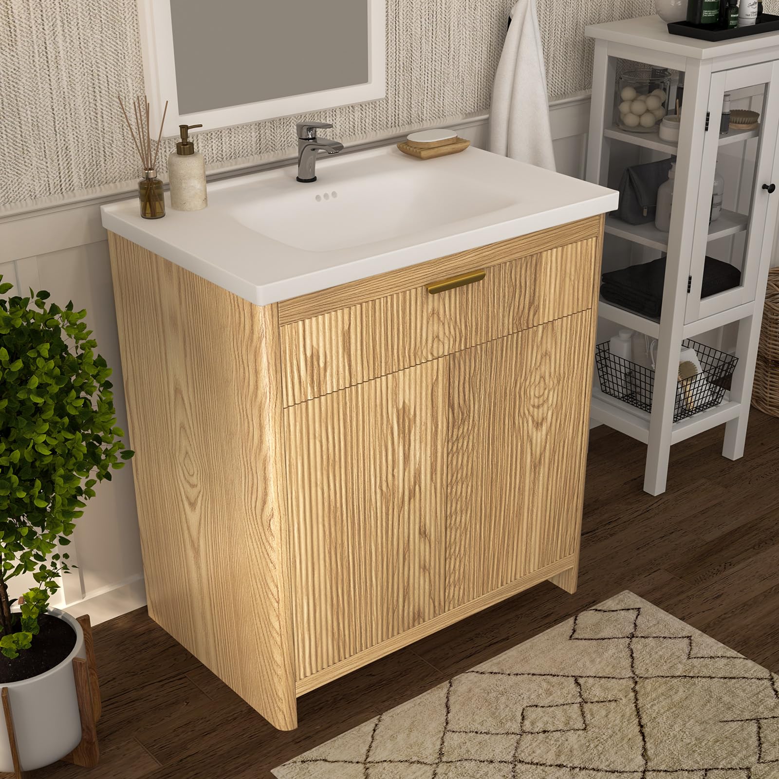 Szafka pod umywalkę 80 cm z umywalką ceramiczną, umywalka z szafką dolną i zestawem mebli łazienkowych, drzwi Soft-Close, odporna na wilgoć MDF, łatwy montaż, wygląd drewna