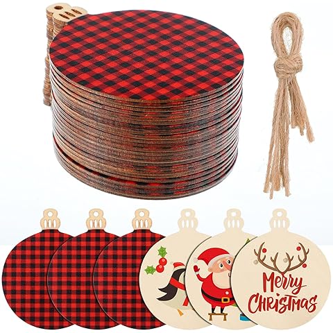 Jetec 96 Pieces Wooden Christmas Ornament 48 Pieces Predrilled Wood Slices 48 Pieces Twine Round Wooden Discs with Holes Unfinished Buffalo Plaid Blank for DIY Tree Decoration (Black-Red)
