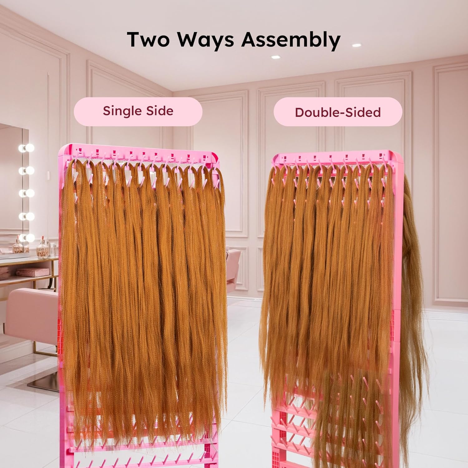 Adjustable Braiding Rack 280 Pegs, 2-Sided Braiding Hair Rack for Braiders, Standing with Wheels, Pink Hair Separator for Stylists