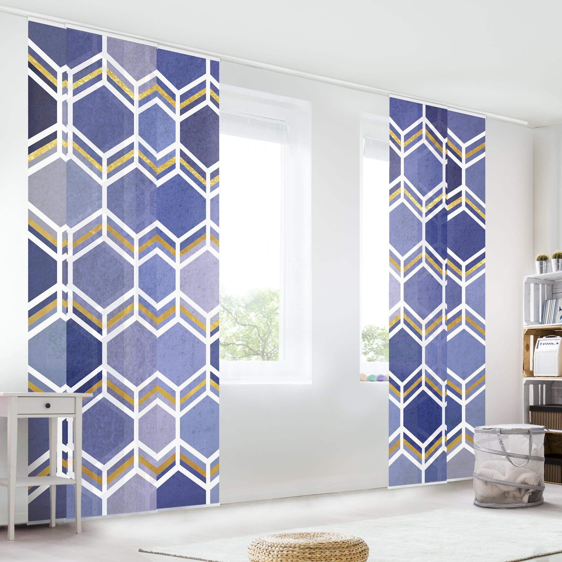 Schiebegardine halbtransparent 60er Paneel Klett Muster Textil lichtdurchlässig - Geometrisch Aquarell Flächenvorhang blau Wohnzimmer Schlafzimmer 2368 (300x250 cm - 5er Set)