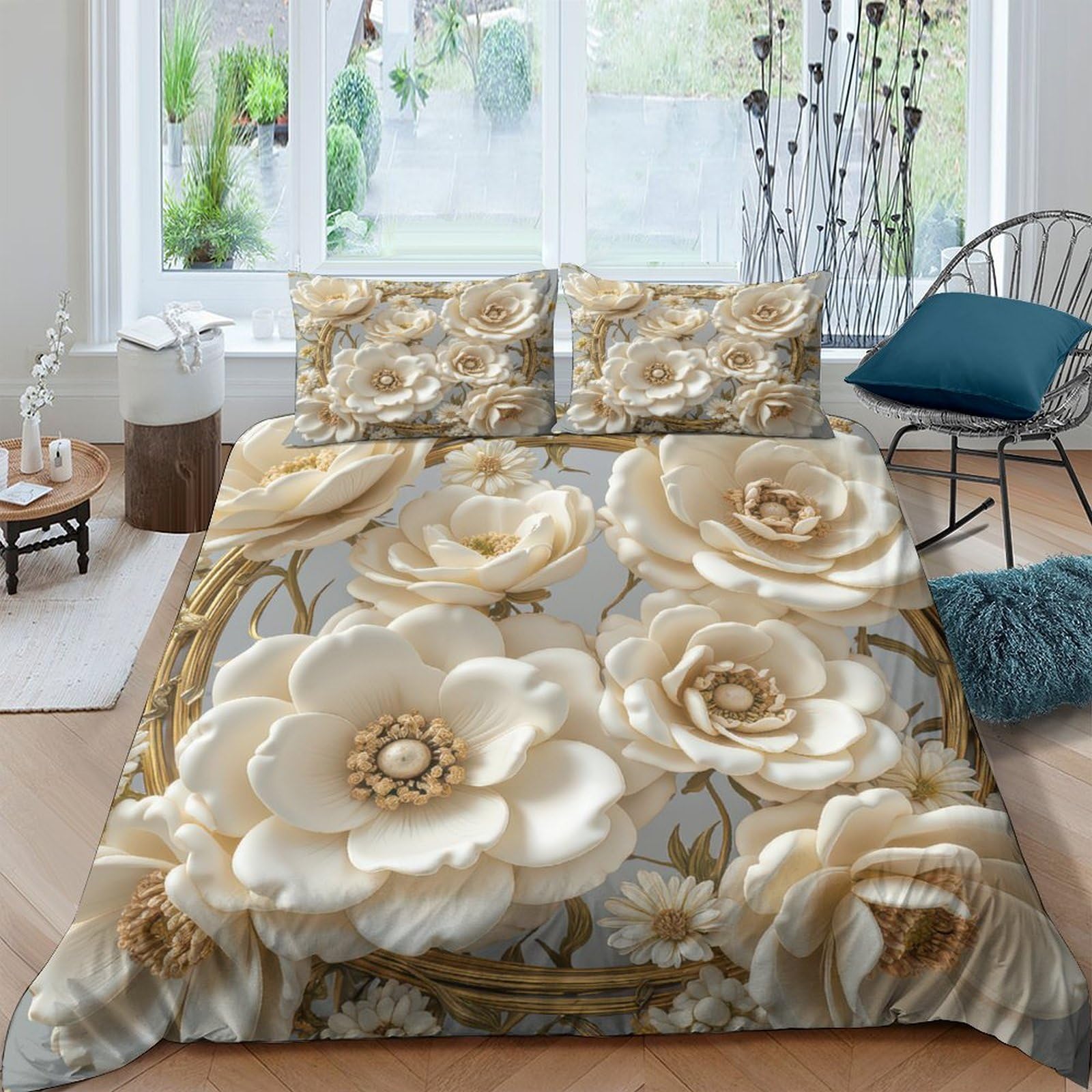 Ctjqhvkz Style-4 3D Printed Beige Floral Fitted Sheet Microfiber Soft Anti-Slip Bed Cover For Bedroom Dorm Rental Decor Easy Care Single（135X200cm）