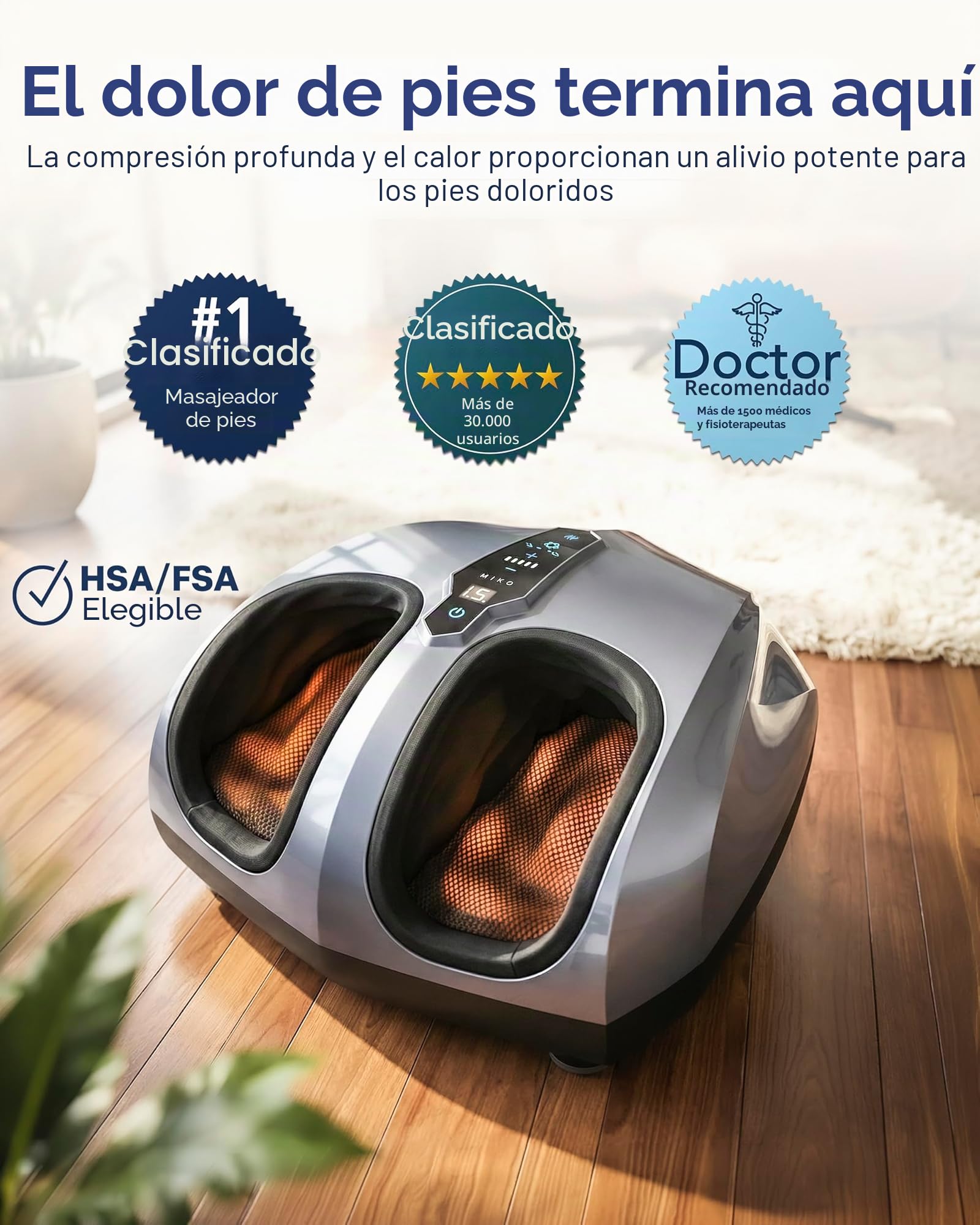 Miko Máquina de masaje de pies con amasamiento profundo, compresión, shiatsu y calor para la fascitis plantar, neuropatía, se ajusta hasta la talla 47 para hombres.