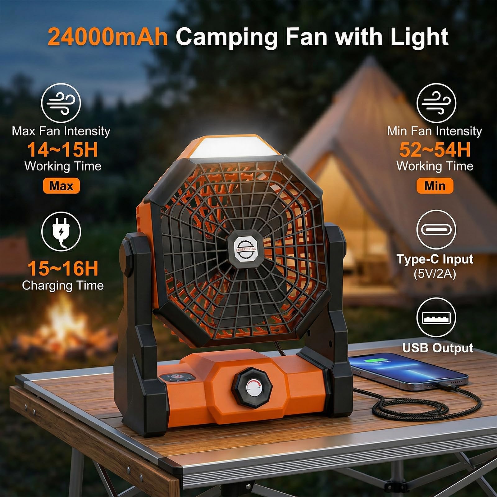 Qoosea Ventilateur de Camping Portable Tente Ventilateur 24000mAh 3 en 1 Ventilateur de Tente Extérieure avec Lumière LED de Classe 3 à 4 Vitesses pour la Pêche en Plein air de Voyage de Tente