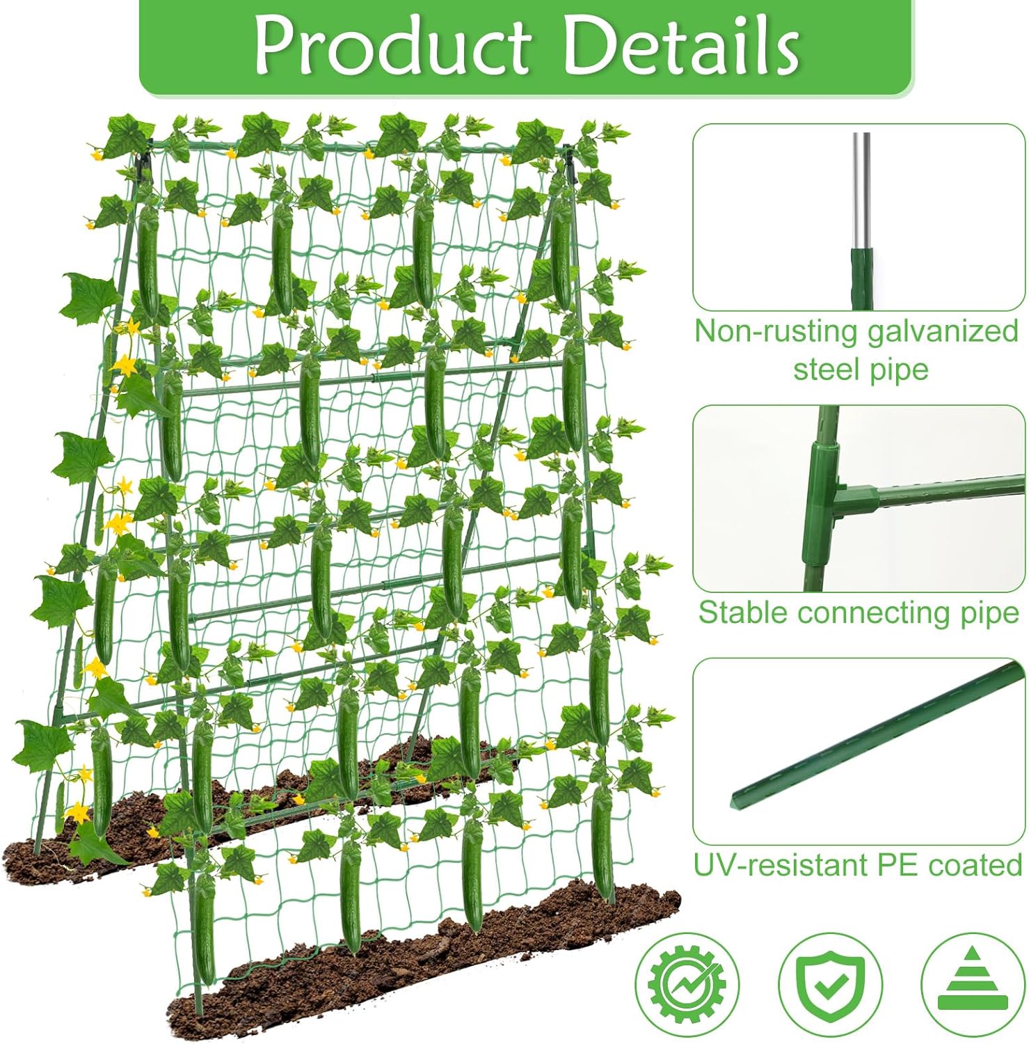 32 x 53 Inch Cucumber Trellis for Climbing Plants Outdoor A-Frame Garden Trellis for Raised Bed Detachable Sturdy Garden Plant Support Trellis for Small Plant Vegetable Flower Grape with Climbing Net
