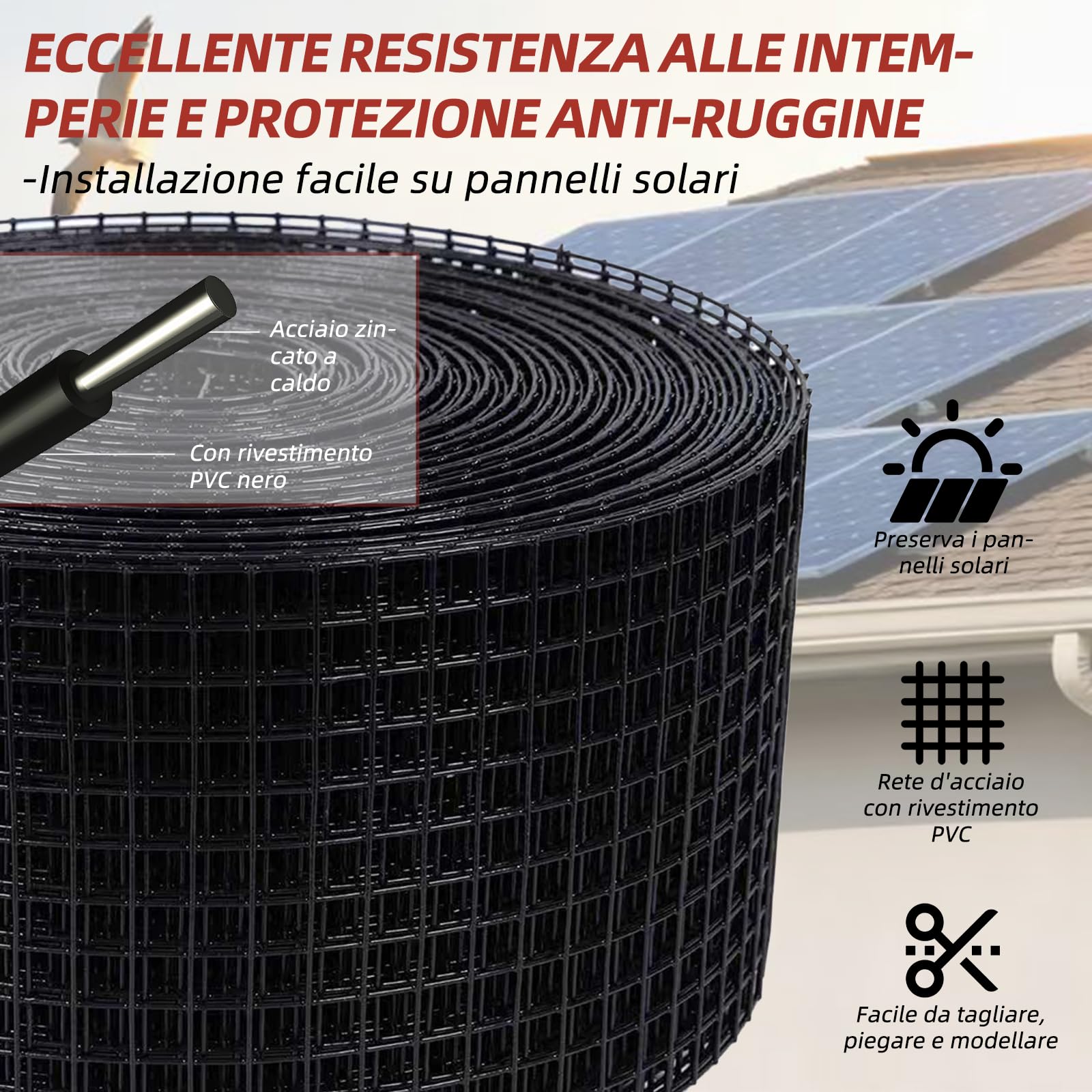 Rete di protezione dagli uccelli per pannelli solari, 30 m x 20 cm, rivestita in PVC, antiruggine, con 100 fascette stringicavo