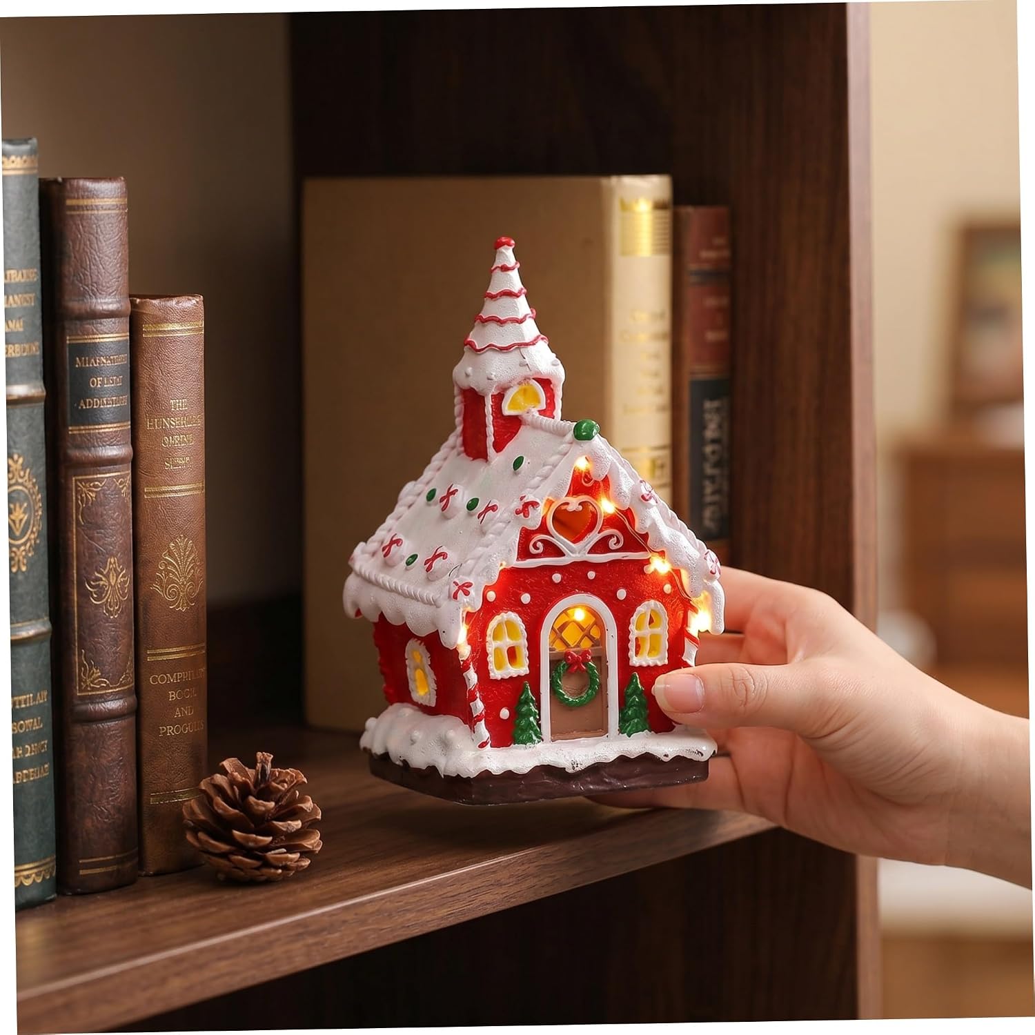 Xmas Gingerbread House Resin Christmas Village Decor with Lights and Music