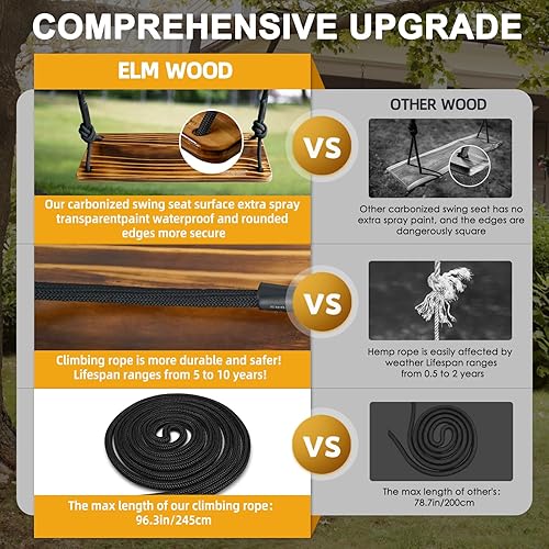 Miniatura 4 de Columpio de madera colgante carbonizado, asiento de columpio de 24 x 8 x 1.2 pulgadas, columpio de árbol para adultos y niños con carga de 500