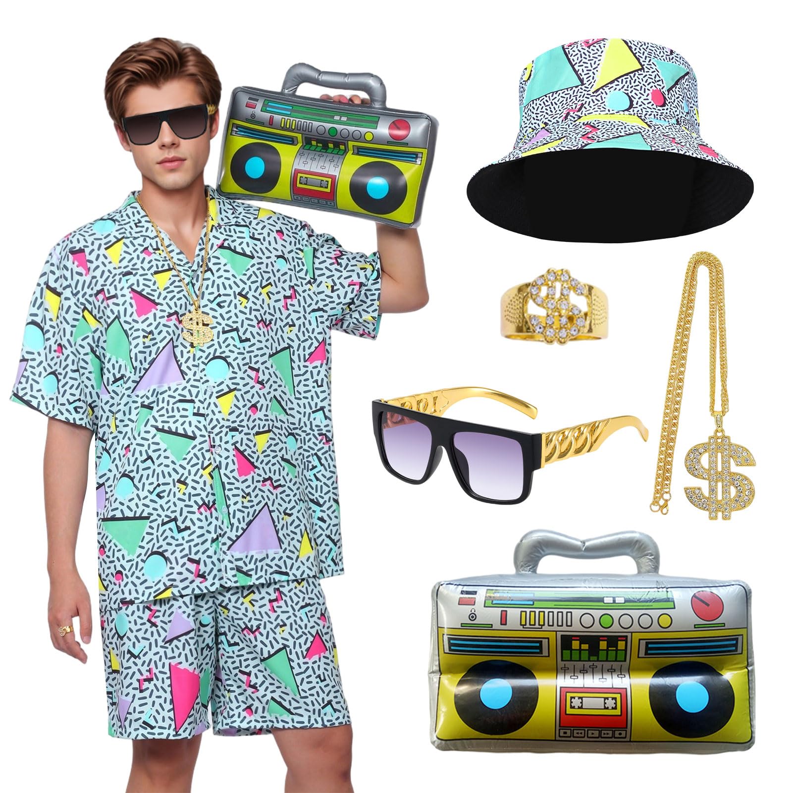 Crittygo 80s Fancy Dress Men, 90s Fancy Dress Costume with Hat Glasses Necklace Ring Inflatable Radio, Retro Hip Hop Outfit for 80s 90s Theme Party Disco