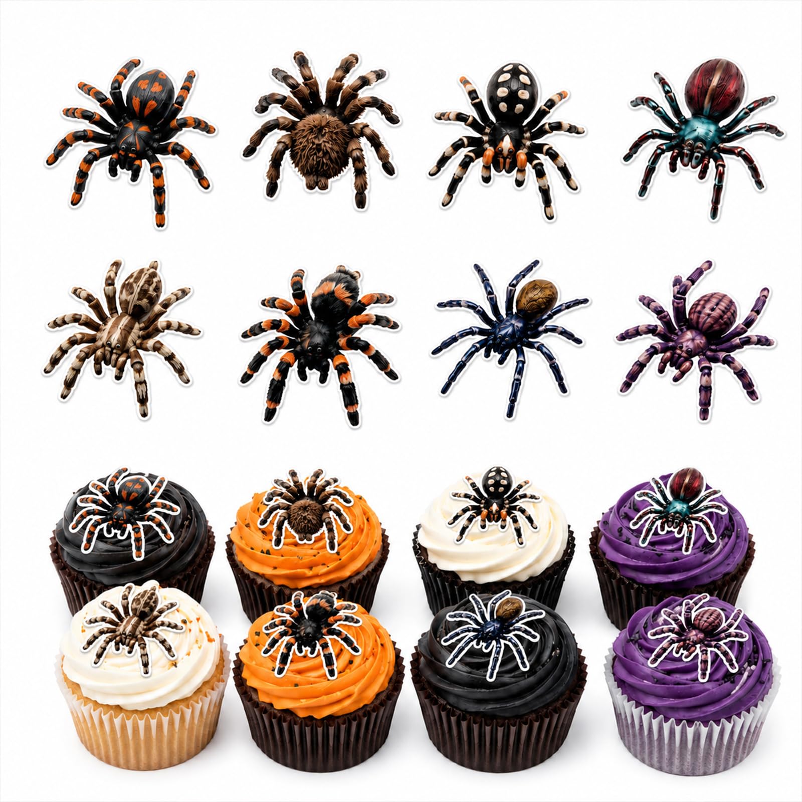 ALLAVA 48 Pcs Halloween Cake Decorations Edible Spider Cupcake Toppers