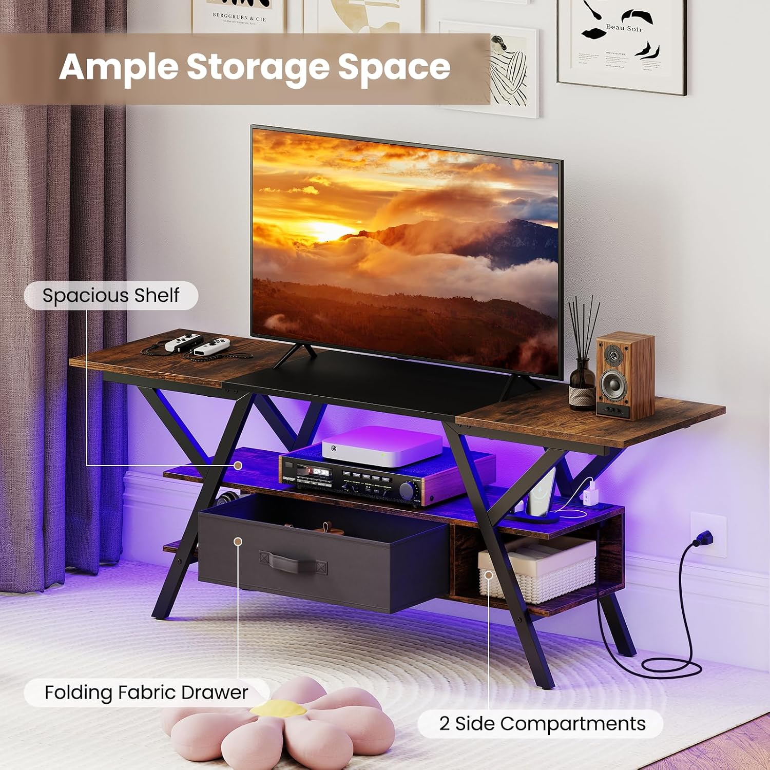 Giantex TV Stand with Power Outlets for 55-65 Inch TV, 3-Tier Entertainment Center w/LED Lights & Remote, Media Console Table w/Storage Shelves & Fabric Drawer for Living Room, Rustic Brown + Black