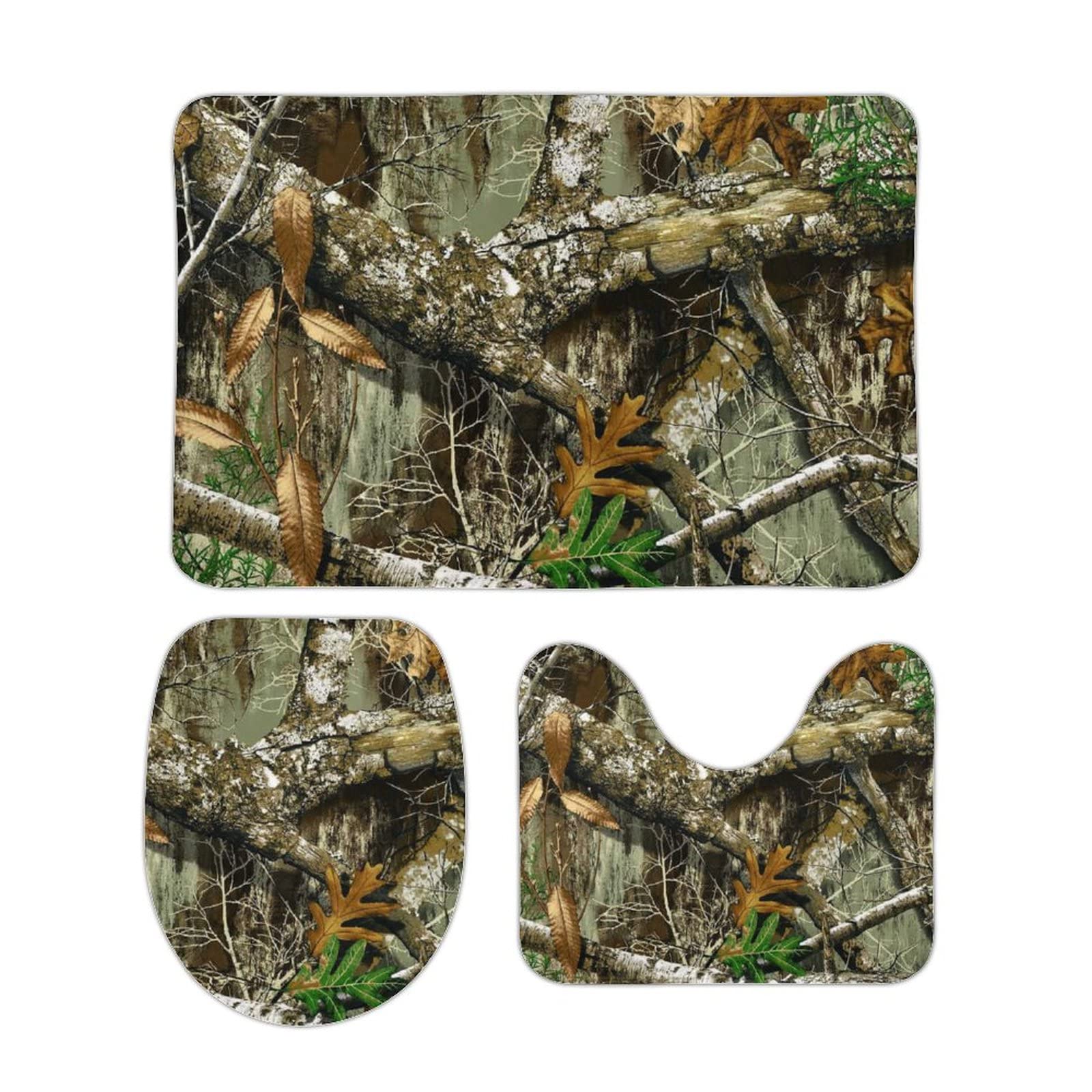 SEPTYK Autumn Hunting Tree Camo Pattern Bathroom Rugs Sets 3 Piece Absorbent Soft Non-Slip Bath Mat U-Shaped Pad and Toilet Lid Cover Washable