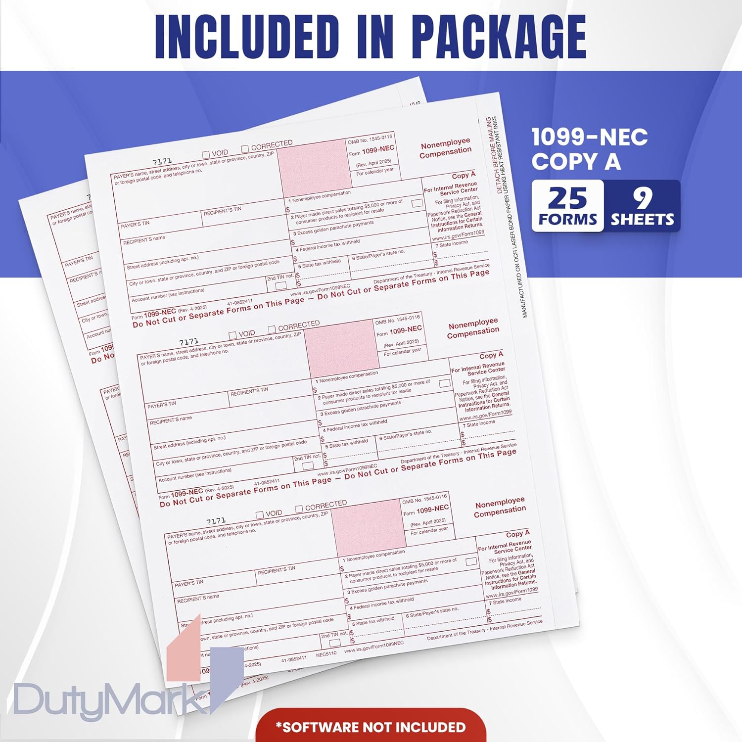 1099 NEC Copy A Forms, 25 Federal Income Laser Tax Forms, Use with 2025 1099 NEC Forms, RED Copy A ONLY, 25 forms-9 sheets 2025