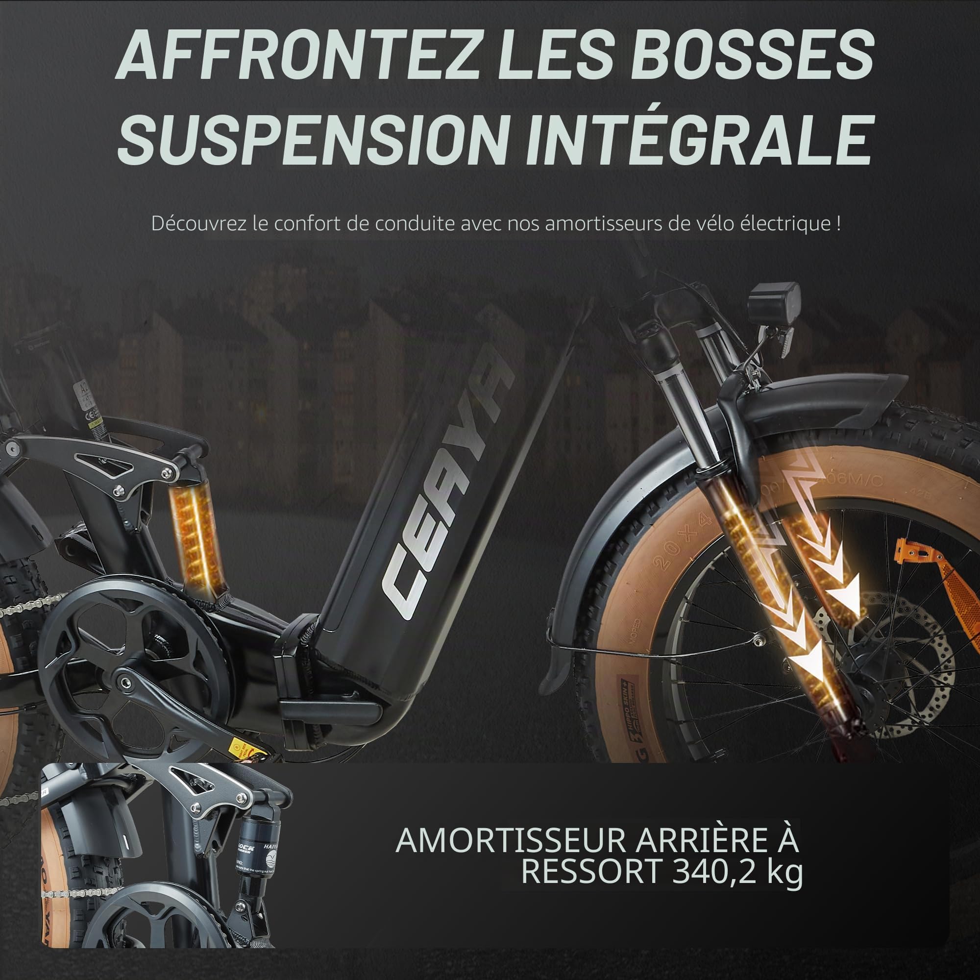 Vélo Électrique Pliable A20 Vélos Électrique 20" x 4 Fat E-Bike Urbain pour Adulte VTT Électrique Batterie 20Ah,Charge Max. 180KG,7 Vitesses,Suspension Complète