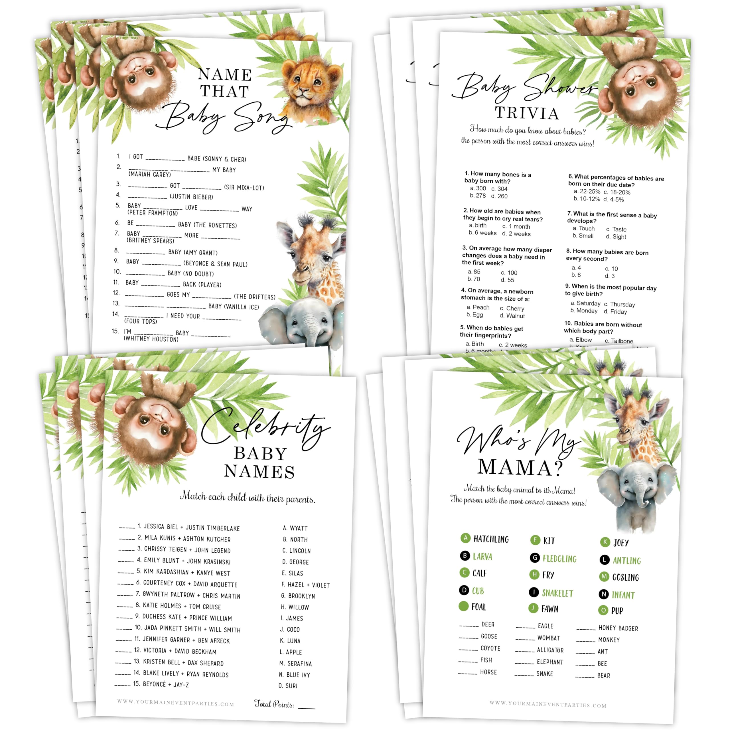 Your Main Event Prints Cute Greenery Jungle Animal Baby Shower Games, Fun Activities for 25 Guests(Baby Song, Baby Trivia, Celebrity Baby Names, and