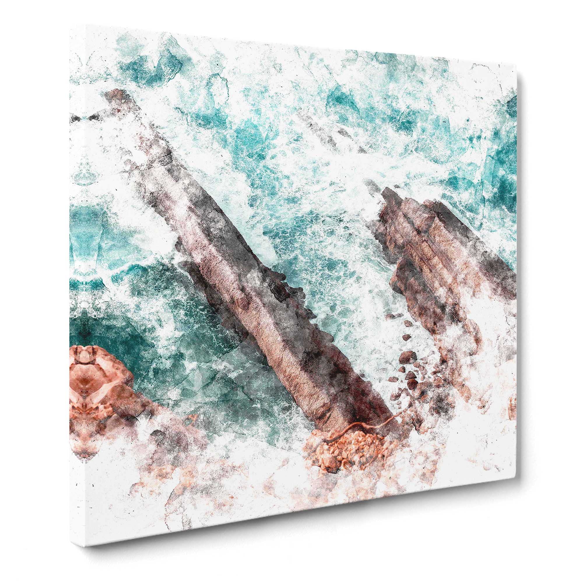 Waves Crashing at Cabo Espichel in Portugal Watercolour Canvas Print, Mixed, 35L x 35W cm