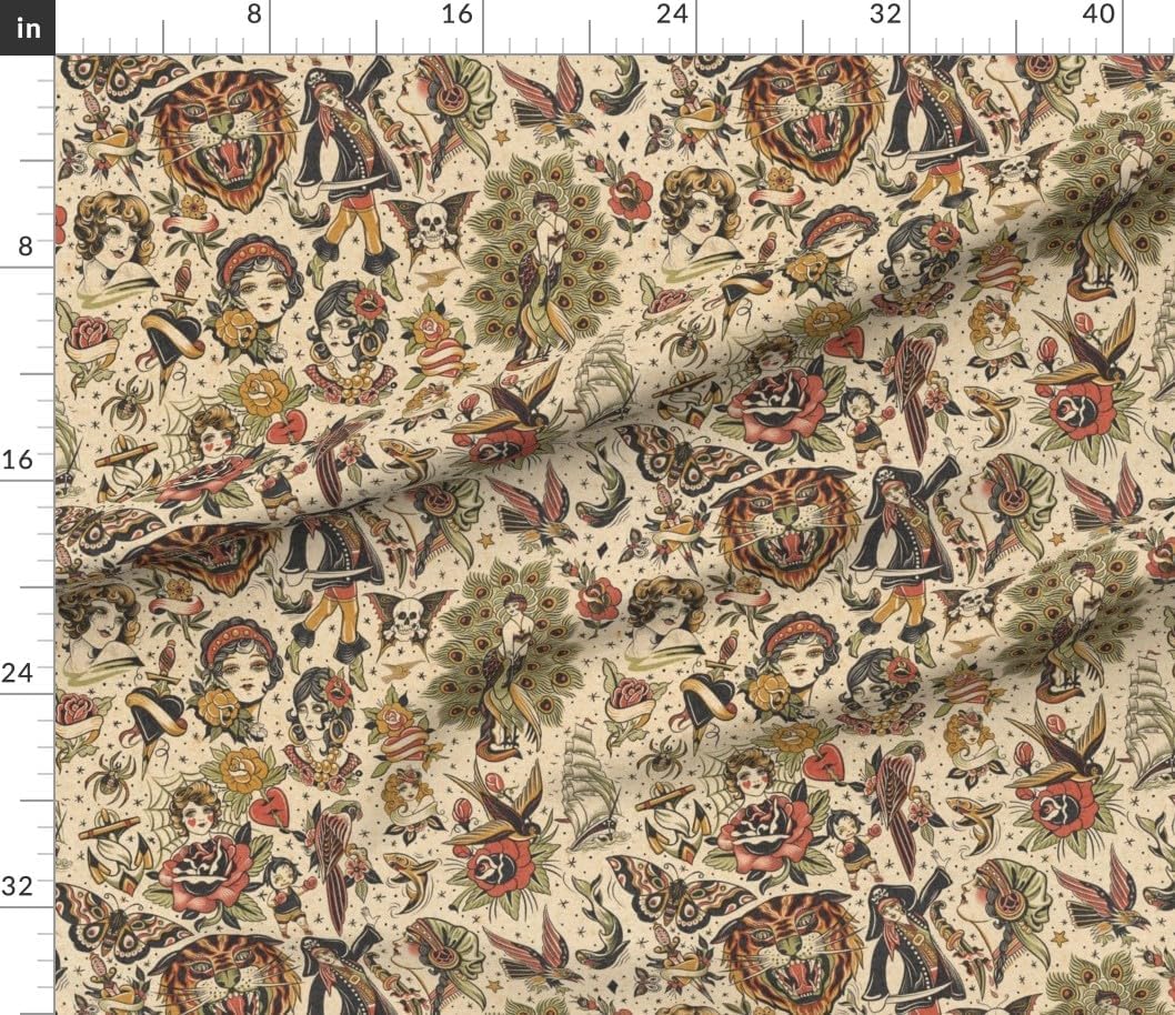 Spoonflower Fabric - Retro Tattoos Vintage Style Art Traditional Neutral Nautical Exotic Printed on Petal Cotton Fabric by The Yard - Sewing Quilting Apparel Crafts Decor