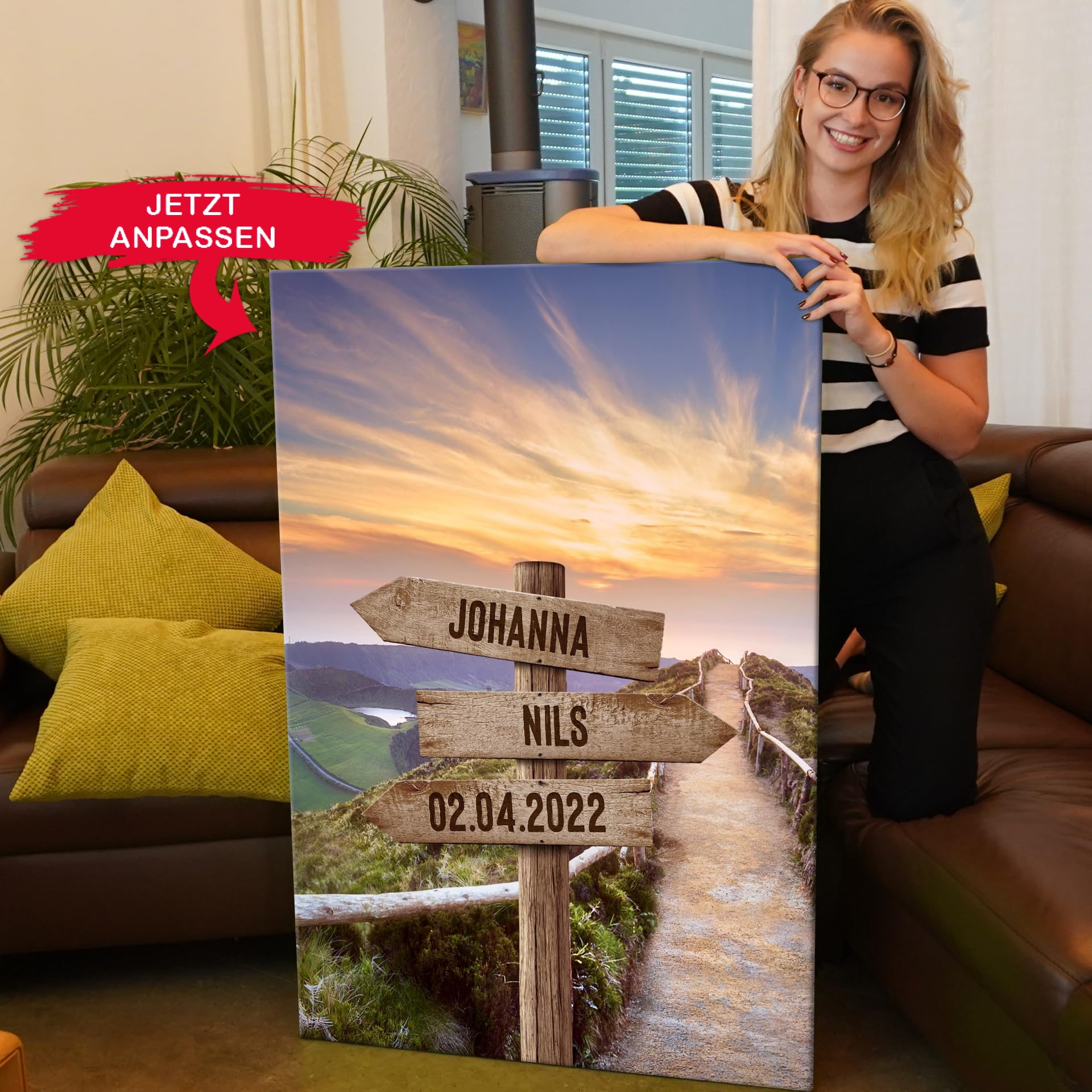 Liebesleinwand Leinwandbild personalisiert | Leinwand gestalten mit Namen und Datum Geschenk für Partner | Wegweiser zur Aussicht