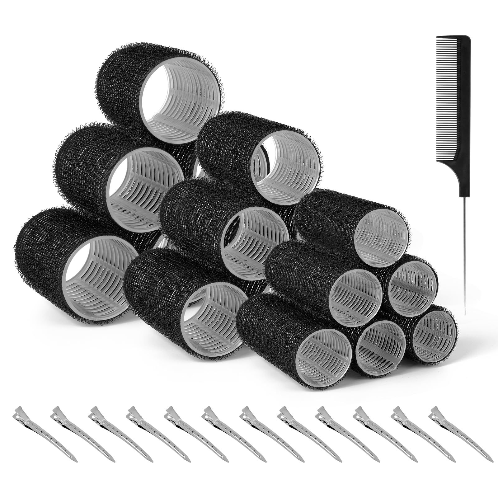 Romon Zestaw 31 czarnych wałków do włosów, 40 mm, 30 mm, 20 mm, z 12 sztukami spinek do włosów, duże, niewymagające wysokiej temperatury, do długich i krótkich włosów