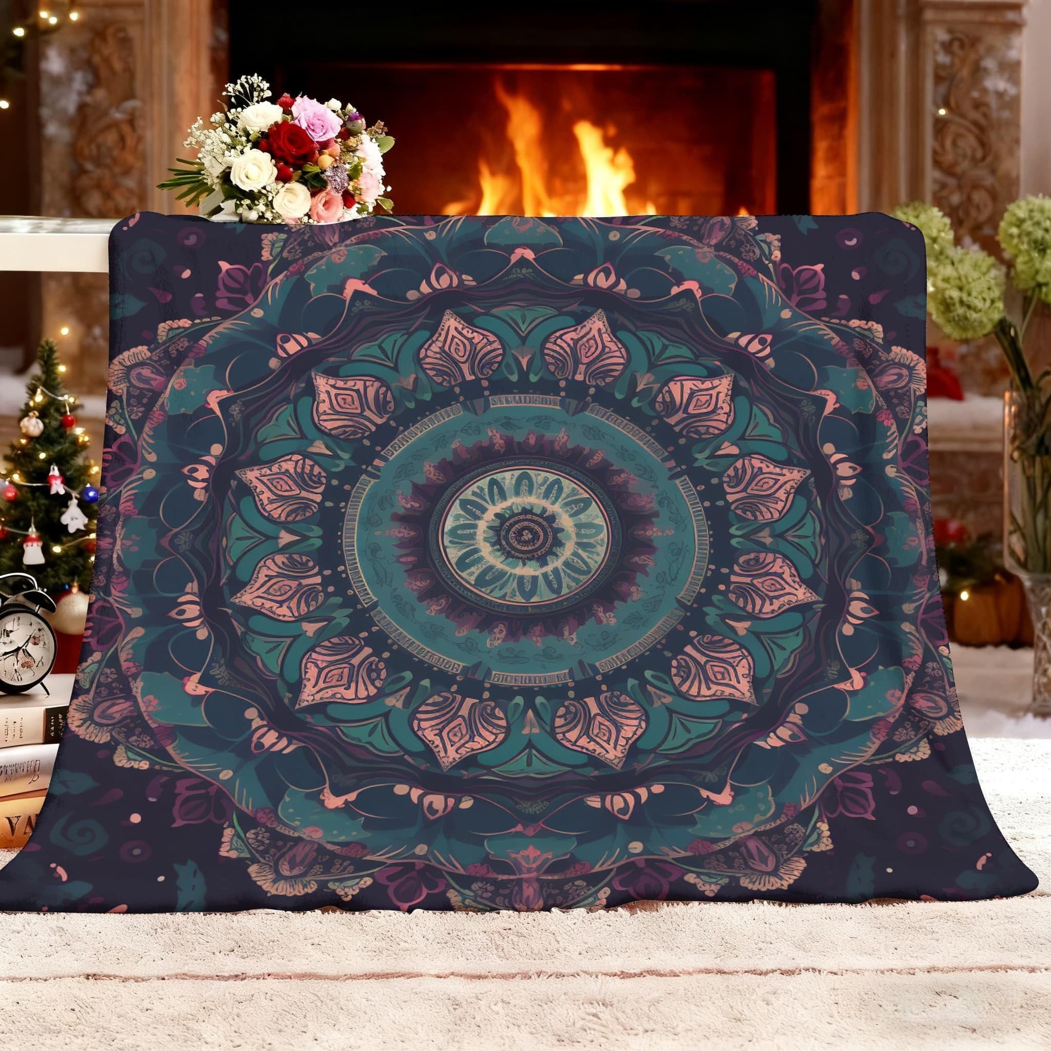 Lekki antystatyczny koc wełniany XXL 180 x 220 cm kwiatowy wzór mandala koc flanelowy super miękki ciemnofioletowy na łóżko sofa biuro ochraniacz na kolana łóżko samochód kemping plaża