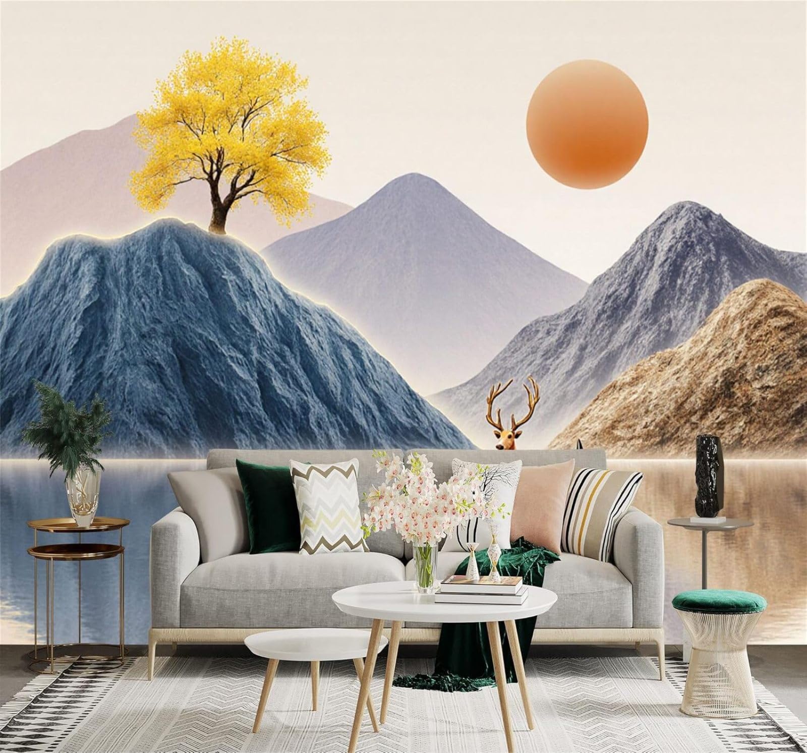 XLMING Fawn Golden Trees Sunshine Mountains Lakes 3D Wallpaper Silky Texture Home Study Office Grey Dining Room Sofa Bedroom Living Room TV Backdrop-300cm×210cm