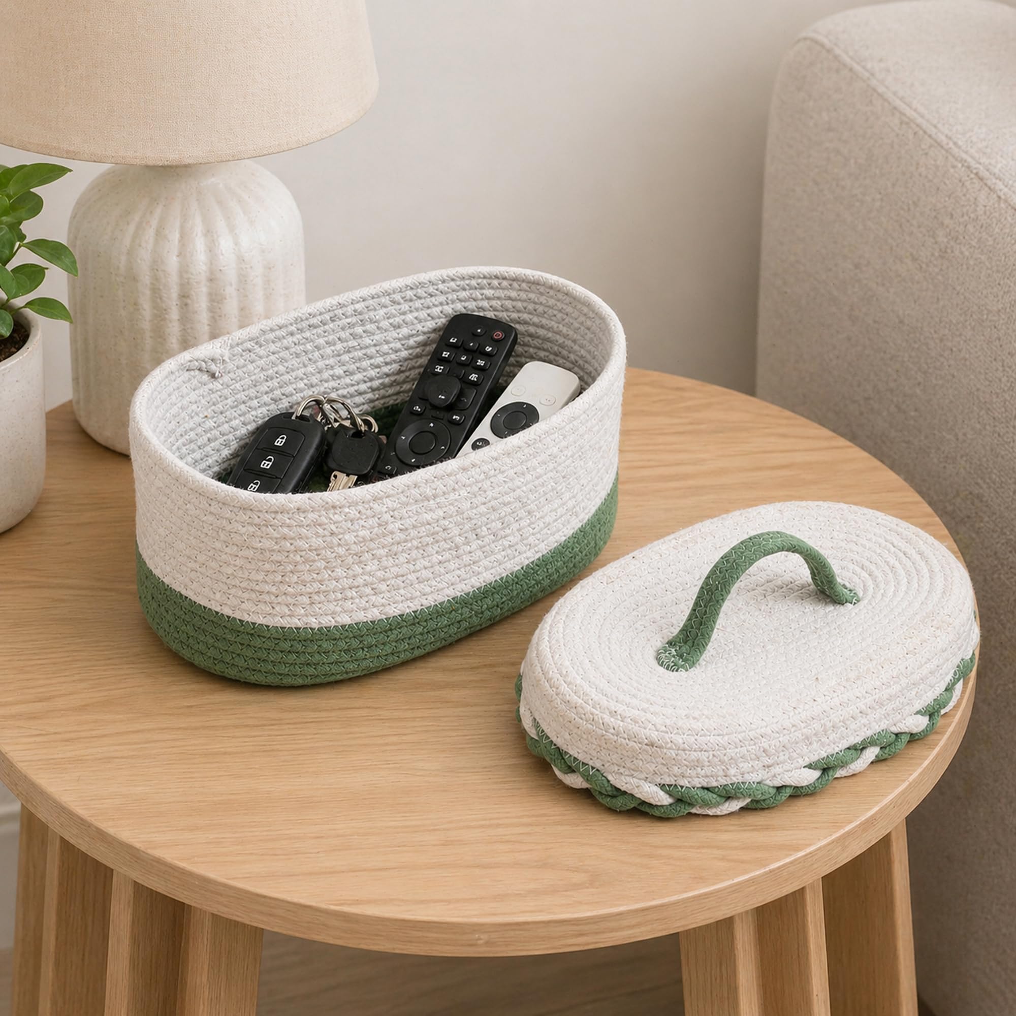 Habere India-All the Cultures Fabricating India Jute Cotton Rope Storage Basket with Lid | Handmade Multipurpose Desk Organizer | Eco Friendly Boho Home Decor (Design03: L28 x W17 x H16)-image-4