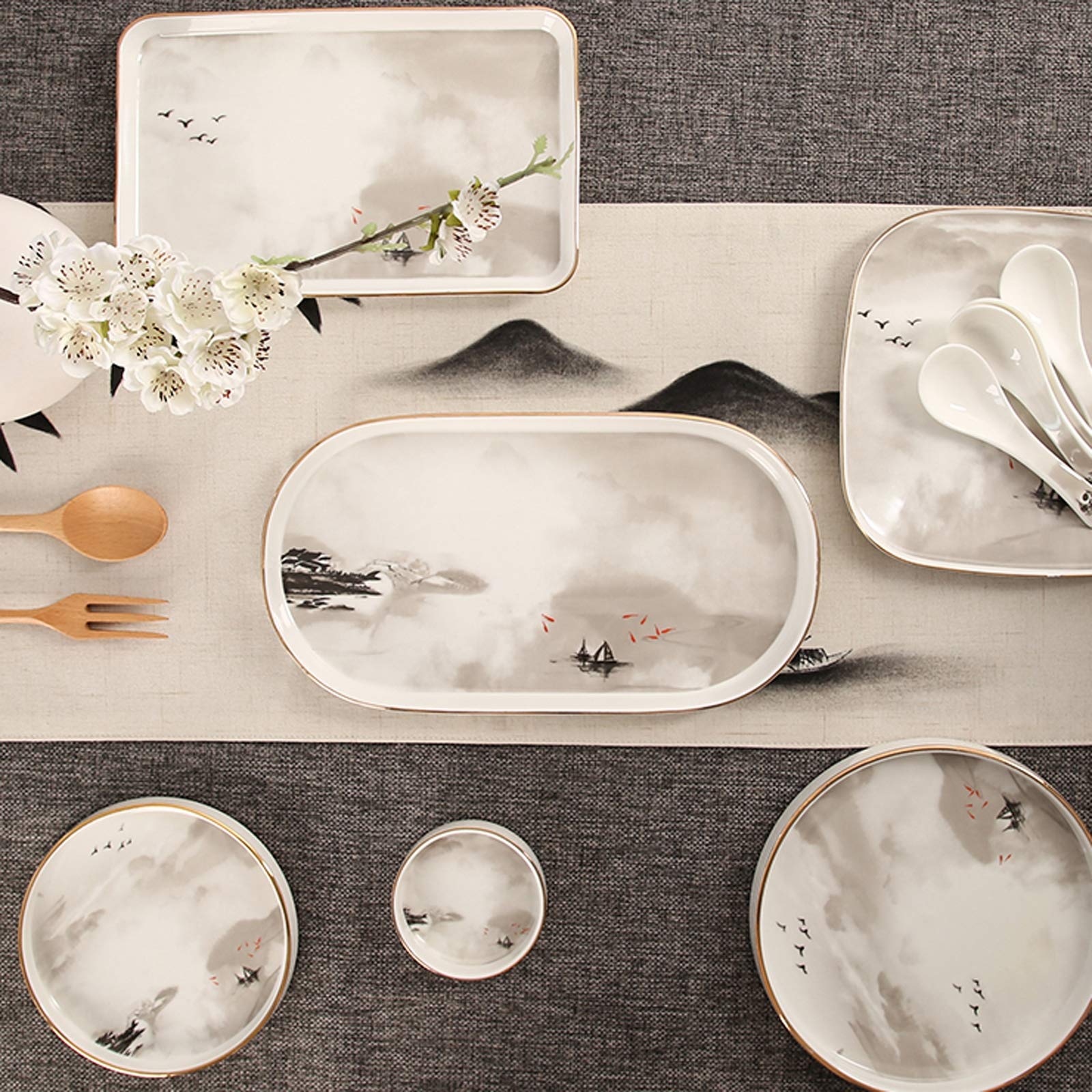 Klasyczna zastawa stołowa z ceramiki, zestaw naczyń ceramicznych, porcelanowy zestaw obiadowy z obrazem pejzażowym 48 szt. | Zestaw misek do płatków śniadaniowych i talerzy do steków