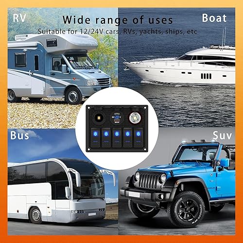 Vista 119 de Panel de interruptor de palanca impermeable de 6 cuadrillas 12V/24V Panel de interruptor basculante de aluminio con cargador USB doble, voltímetro
