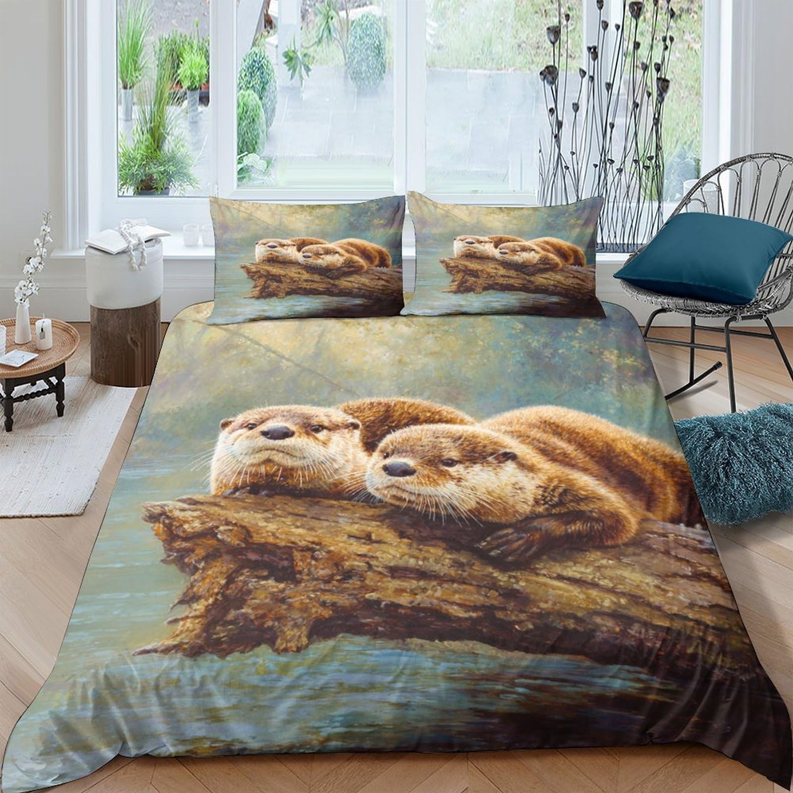 Ctjqhvkz Style-10 3D Printed Otter Lovers Fitted Sheet Microfiber Soft Breathable Nature Forest Mattress Cover Bedroom Decor Single（135X200cm）