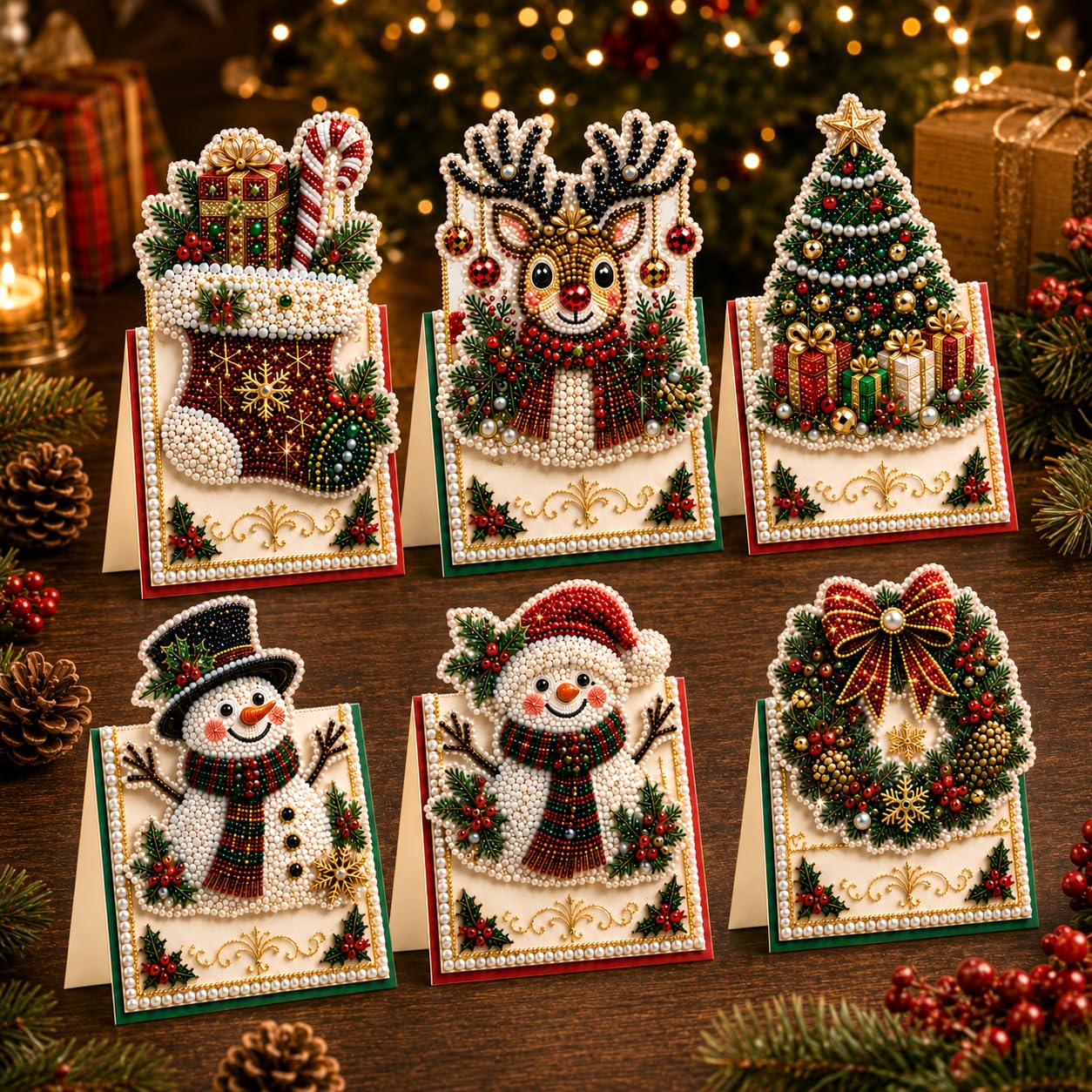 6pcs DIY Christmas Pearl Diamond Art Painting Greeting Cards with Envelopes