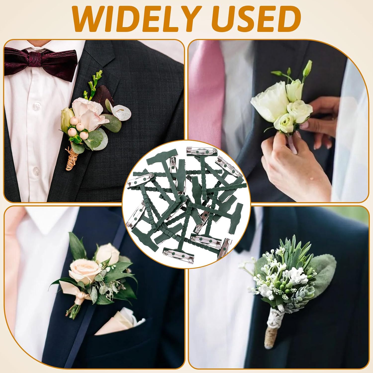 20pcs Boutonniere Safety Pins for Men, T-Shaped Corsage Pin, Plastic Boutonniere Clips for Wedding Birthday Parties Formal Dinners Business Events- Green