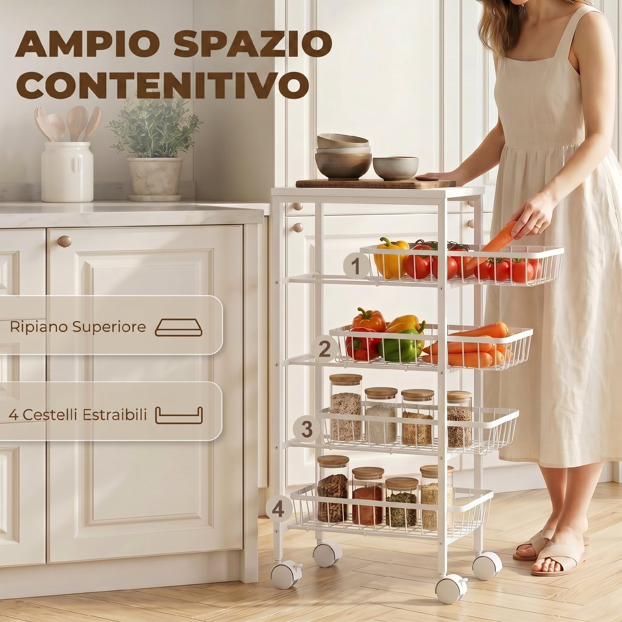HOMCOM Carrello Cucina 4 Cestelli Estraibili in Metallo 40x24x82 cm Bianco