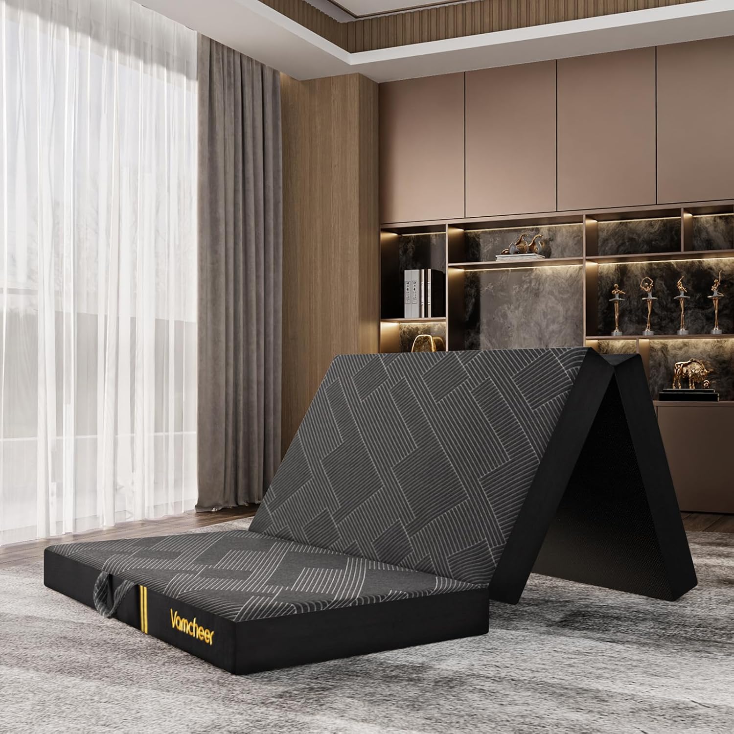 Vamcheer Tri Folding Mattress, 6 inch Twin Foldable Mattress, Tri-fold Memory Foam Mattress with a Collapsible and Washable Cover, Handle & Non-Slip Bottom for Travel/Guest, 75"x38"x6", Grey Twin Size 6 Inch