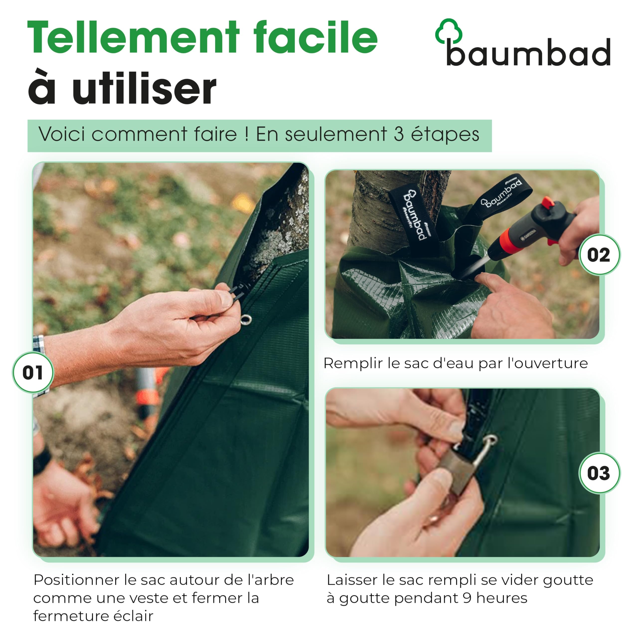 baumbad Lot de 10 Sacs d'arrosage de qualité supérieure - 100 l - en PVC résistant aux UV - Vert