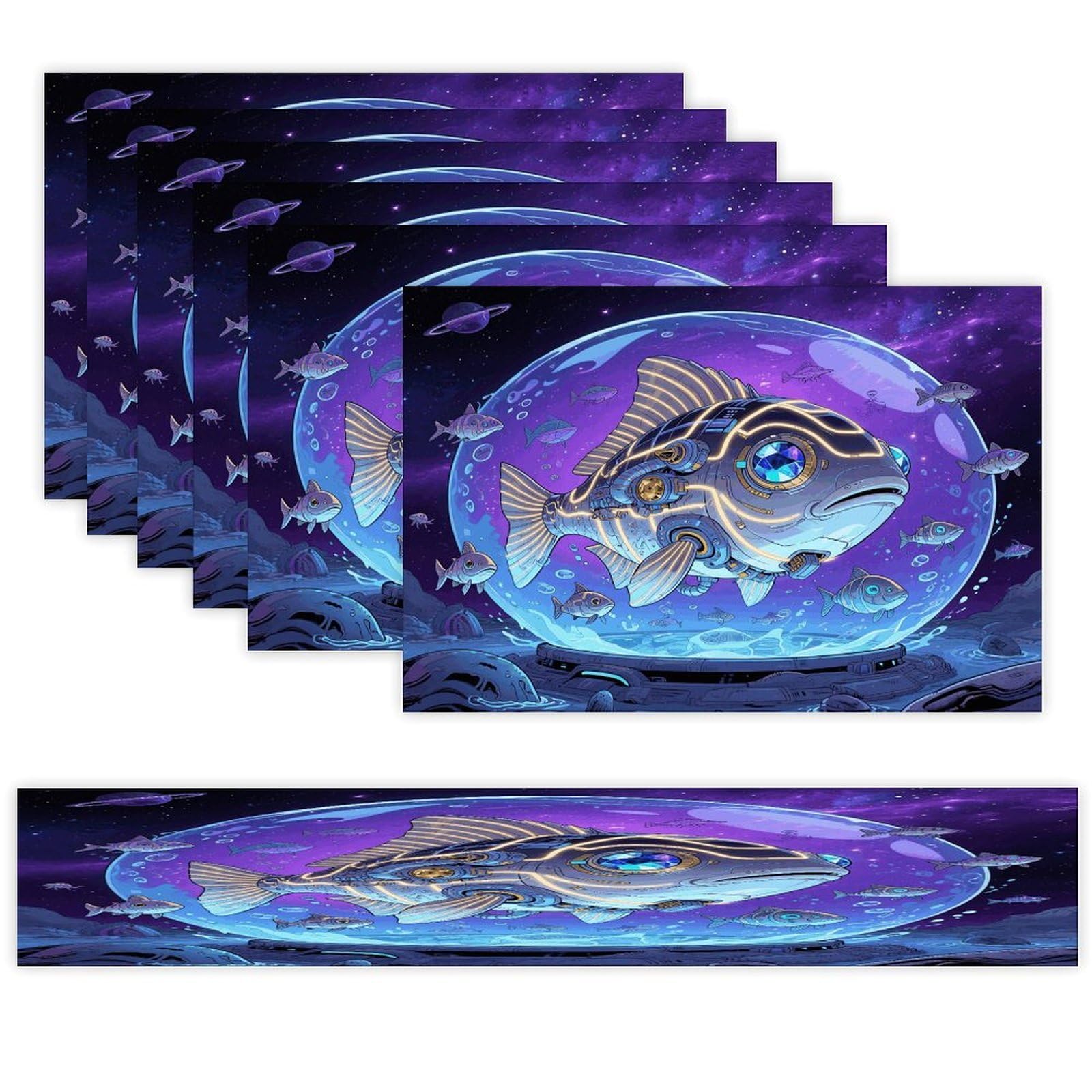 Fish Placemats Set of 7 Exquisite Linen Table Mat Seven Piece Set Includes 13"x71" Fashion Table Runner and 12"x18" Place Mat Decor for Kitchen Dining Room
