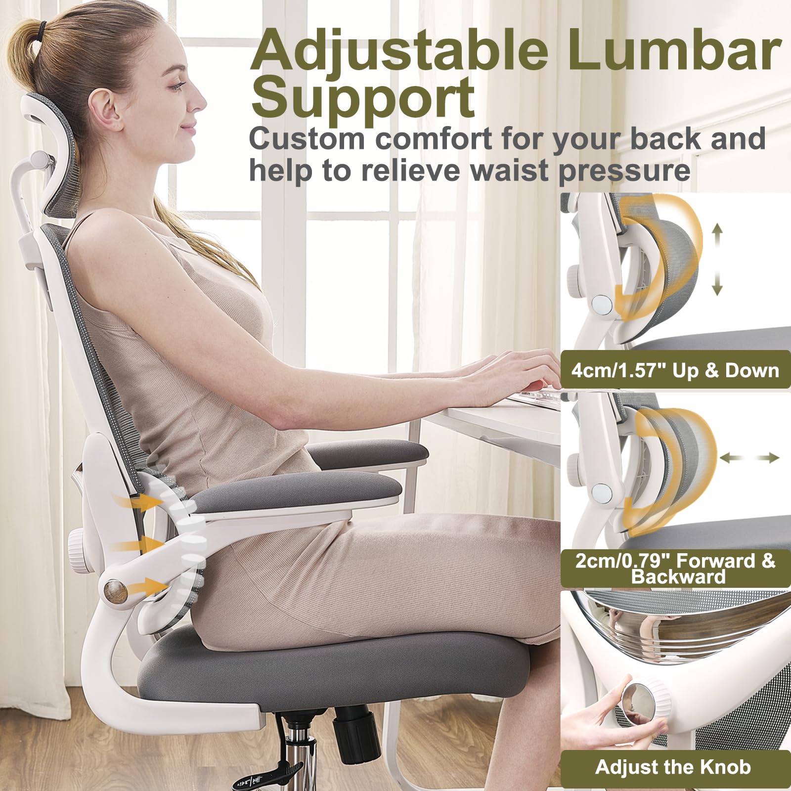 Silla Ergonómica para Oficina, Silla de Escritorio Respaldo Alto de Malla, Soporte Lumbar Ajustable, Reposabrazos Abatible, Reposacabezas Desmontable, Silla Giratoria para Juegos, 150 KG