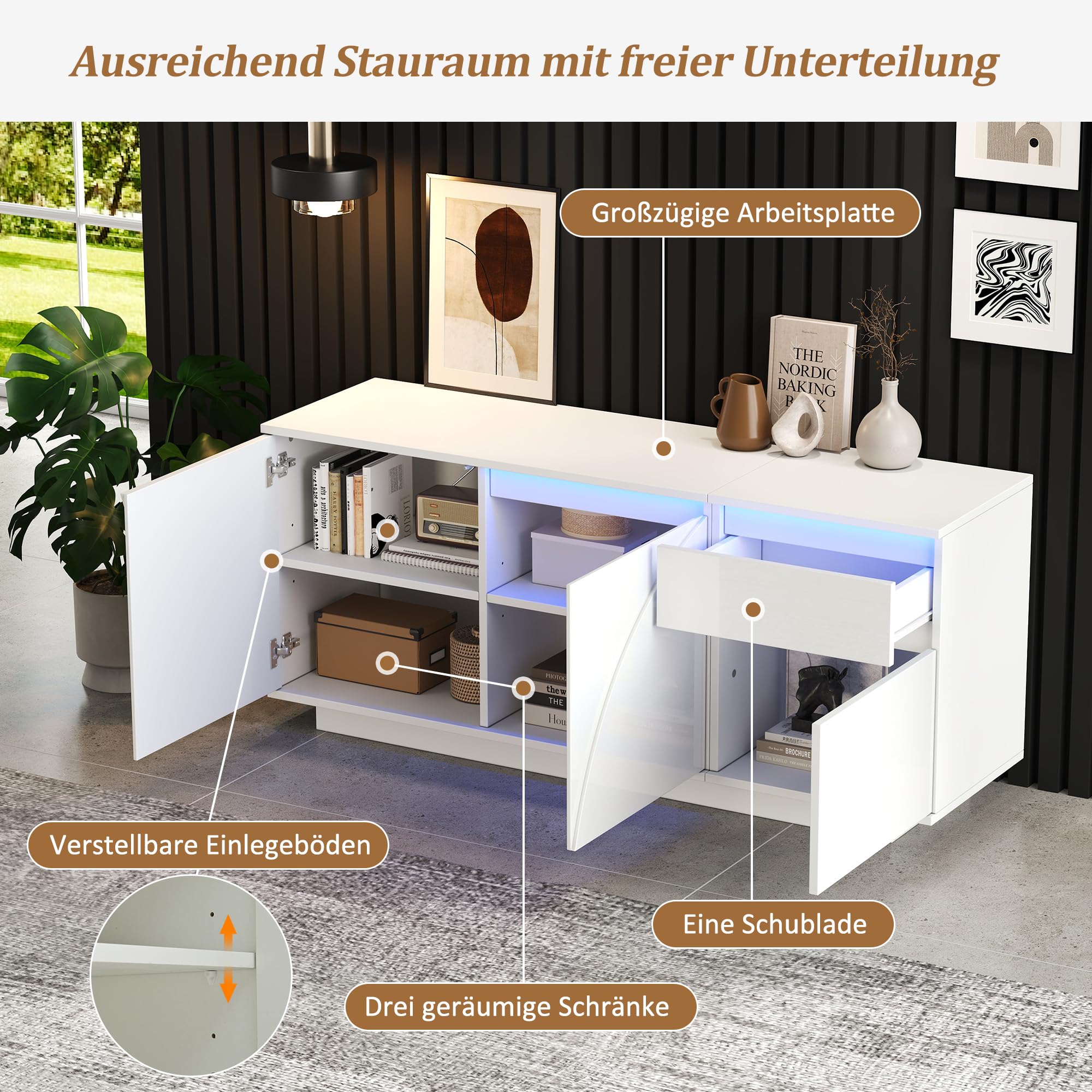 Hochglanz Sideboard Wohnzimmer mit 3 Schränken und 1 Schubladen, Buffetschrank mit LED-Lichtleiste, 140 * 40 * 60cm, Modern Wohnzimmerschrank für Schlafzimmer, Büros, Flur, Weiß