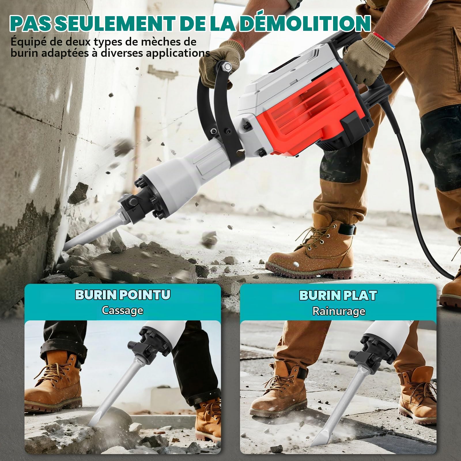 Marteau de Démolition 3500W – 60 J, 1800 BPM, 2 Burins (Plat & Pointe), Poignée 360° Anti-Vibration, pour Béton et Travaux Lourds