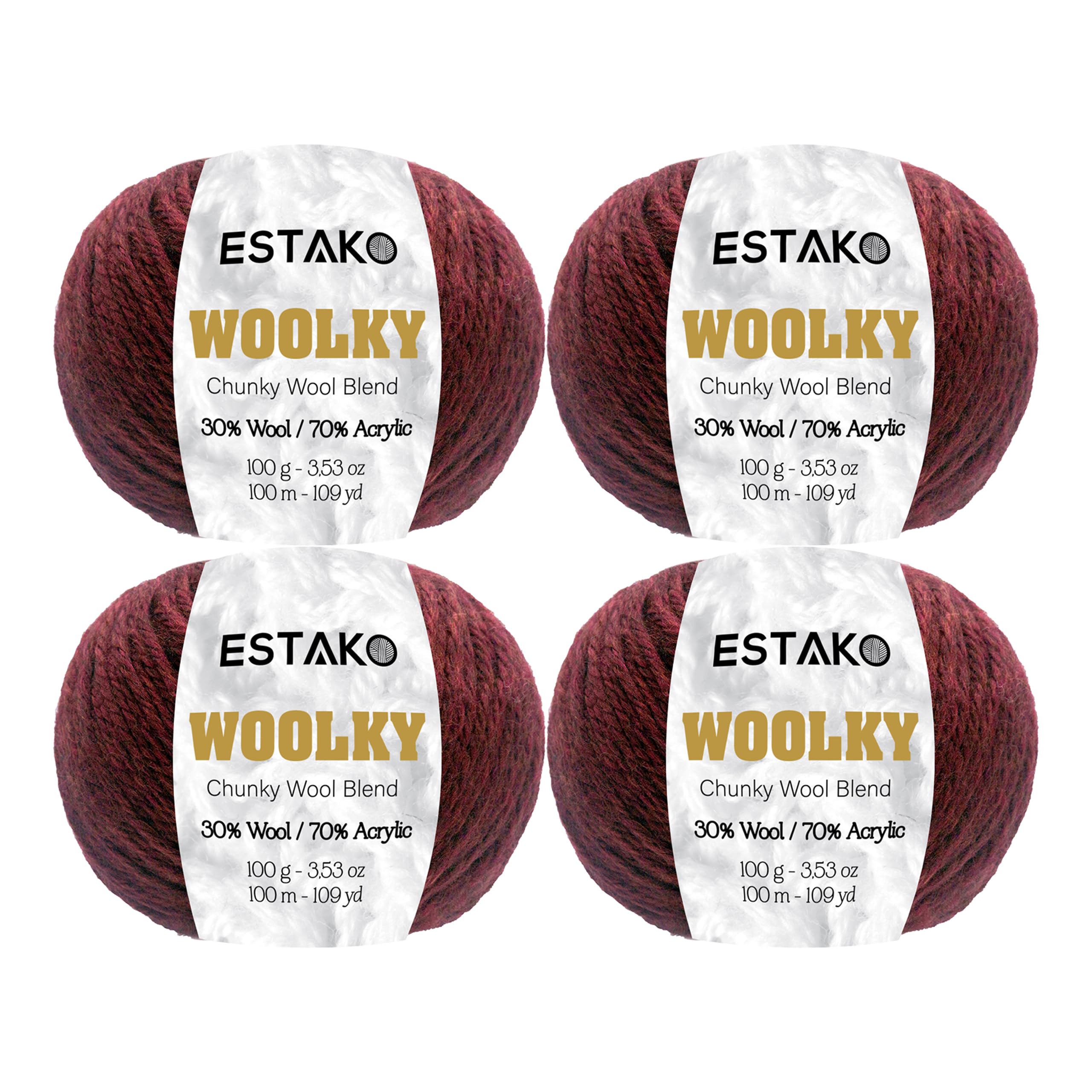 Woolky, (4 Skeins Pack) 70% Acrylic 30% Wool Yarn, Soft, Chunky Bulky Weight #5 for Crochet and Knitting (4 x 3.53 Oz) / (4 x 109 Yrds) (100m) (4015 - Burgundy)