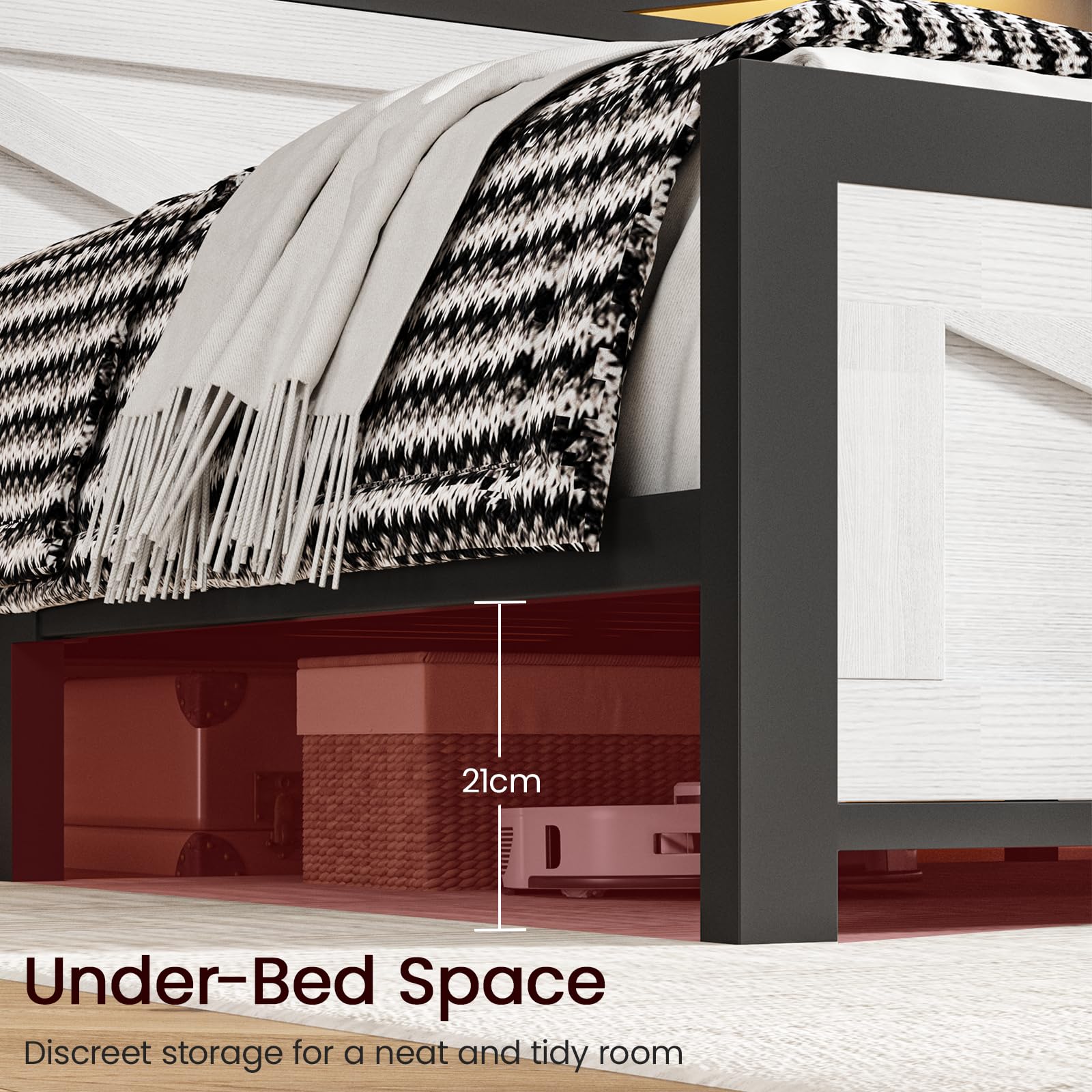 PROZENBDING Cadre de lit Double 160x200 avec LED et USB, Blanc | cadre de lit bois, rangement intégré, lit avec sommier à lattes – sans matelas,