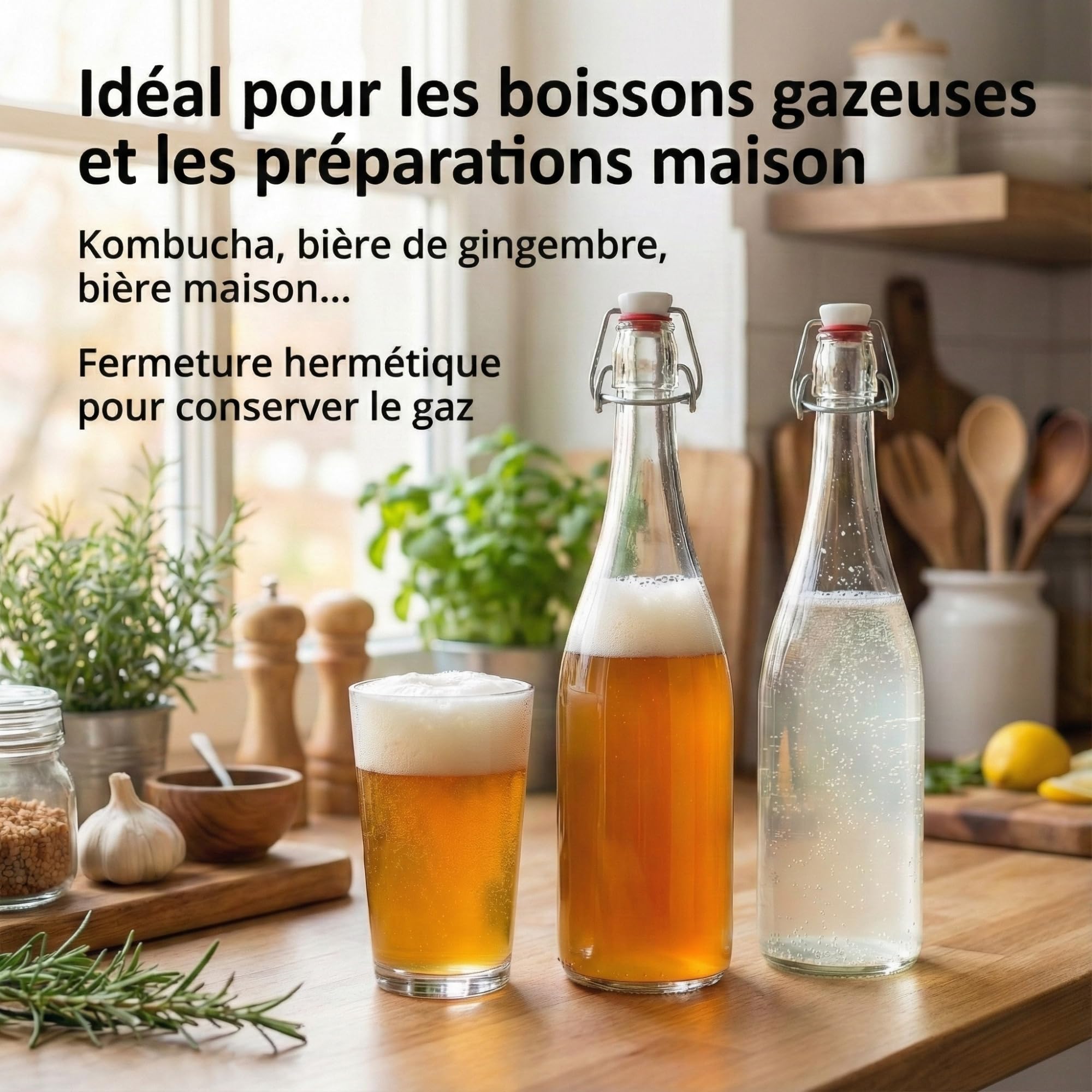 myFERMENTS Kit 6 Bouteilles 750ml en Verre Épais avec Bouchon Mécanique Hermétique | Set Complet Fermentation Bière Kombucha Kéfir Huile | Entonnoir 10cm, Tissu 50x50cm, Joint Porcelaine