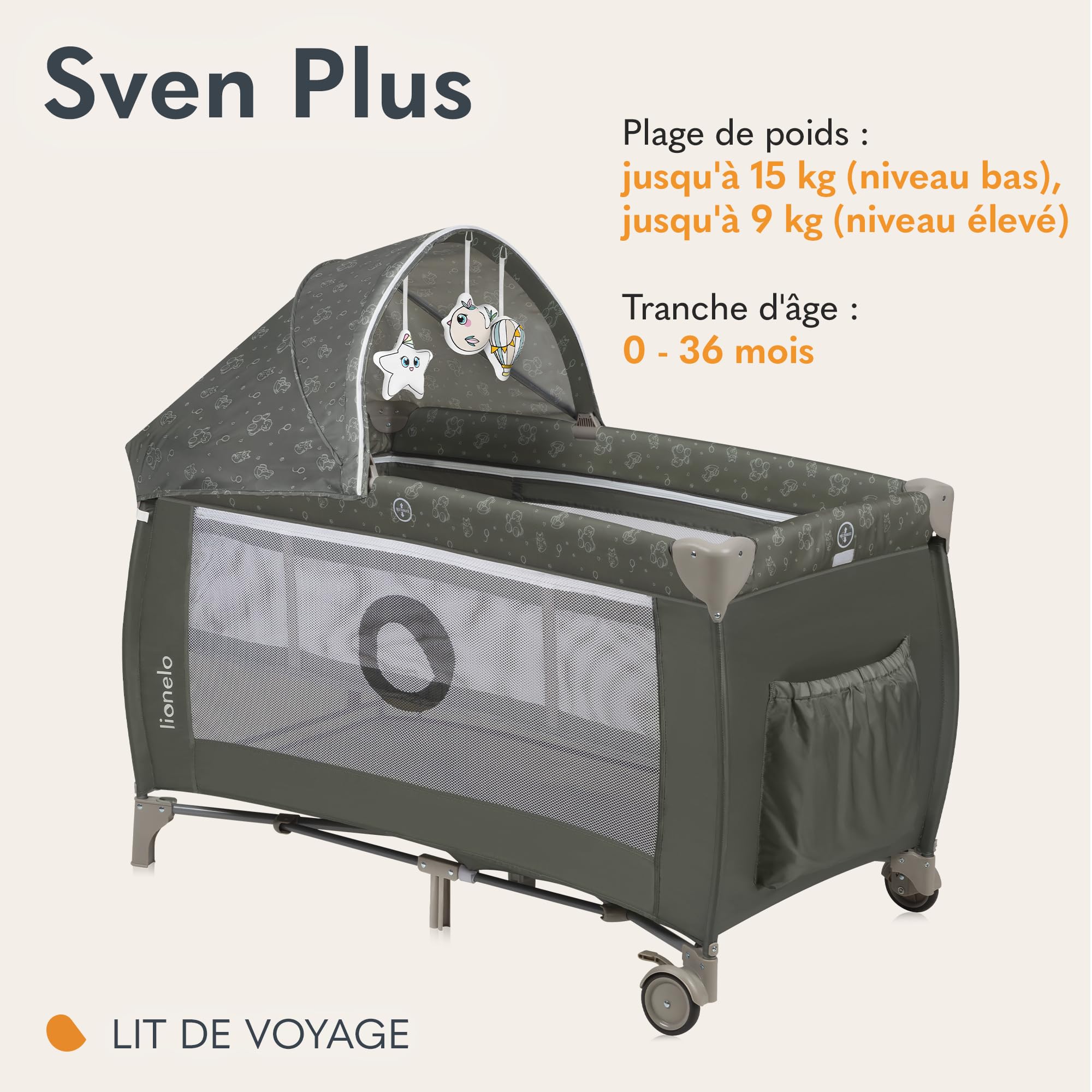 lionelo Sven Plus boîte 2 en 1 lit bébé, Table à Langer, Jouets, baldaquin Suspendu avec moustiquaire, entrée latérale supplémentaire Rouleaux, Mobiles