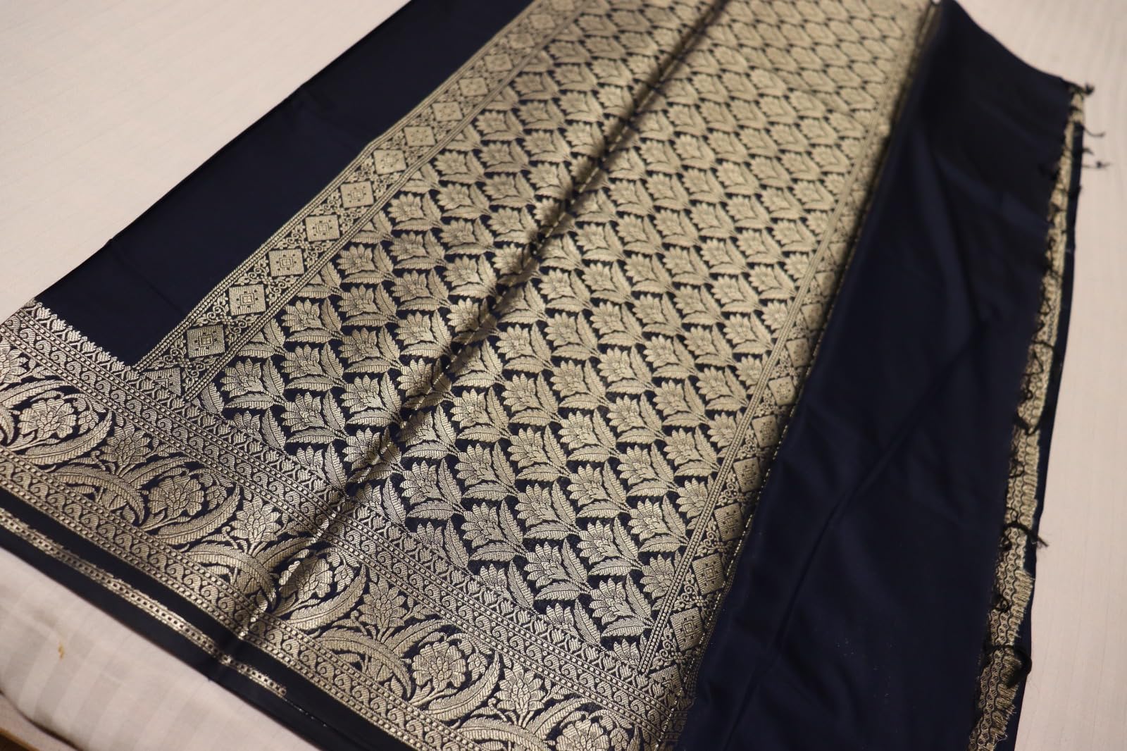 UtkrishtIndia Banarasi Cotton Saree with Rich Zari Border, Comfortable Blended Cotton, Easy to Drape, Navy Blue, Standard 2