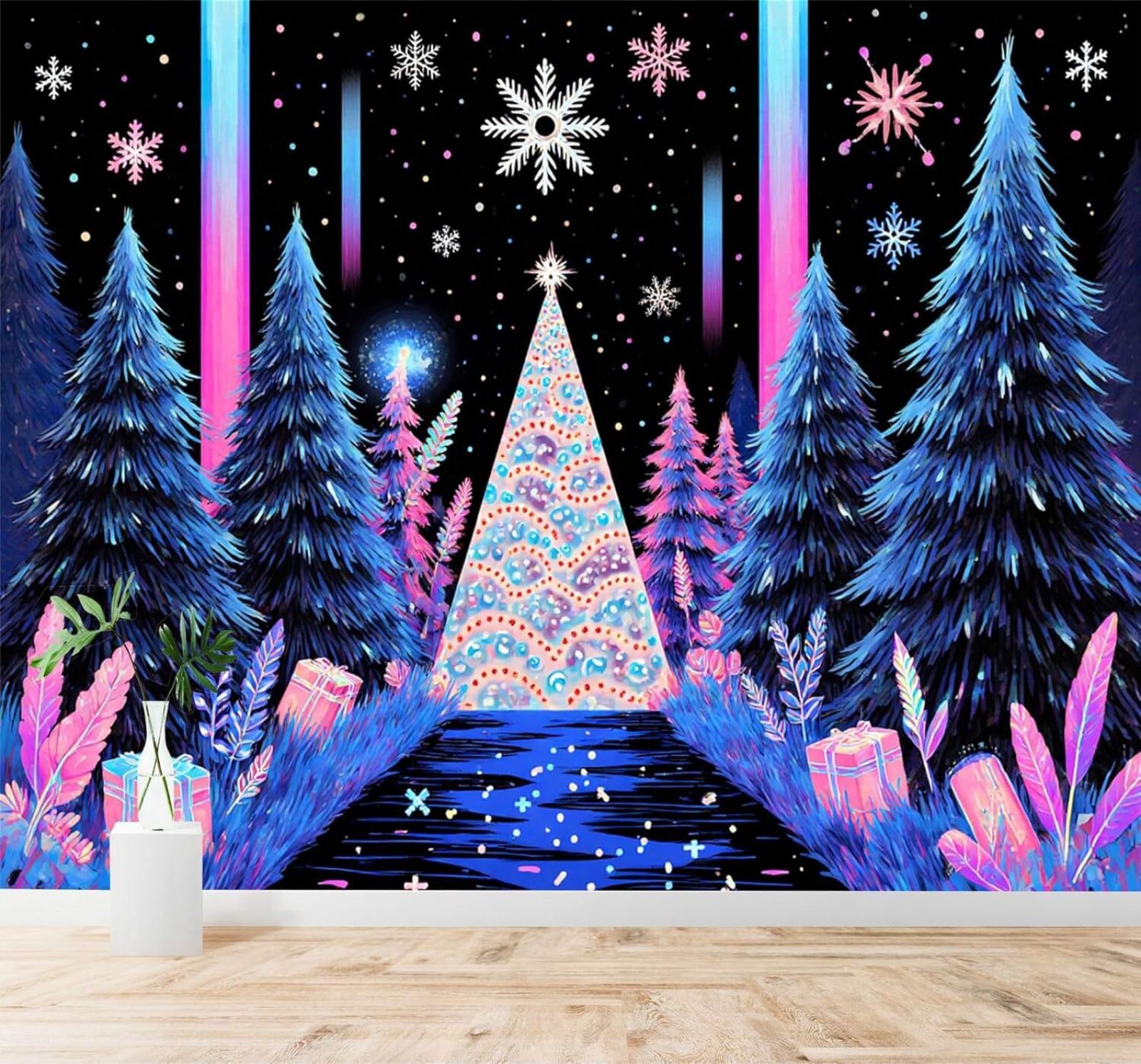 Xlming 150Cm×105Cm(B×H) Beautiful Plants Snowflakes Pine Forest Night Scene 3D Wallpaper Premium Textured Silk Study Dining Living Room Bedroom Sofa Tv Wall Easy Install-150Cm×105Cm