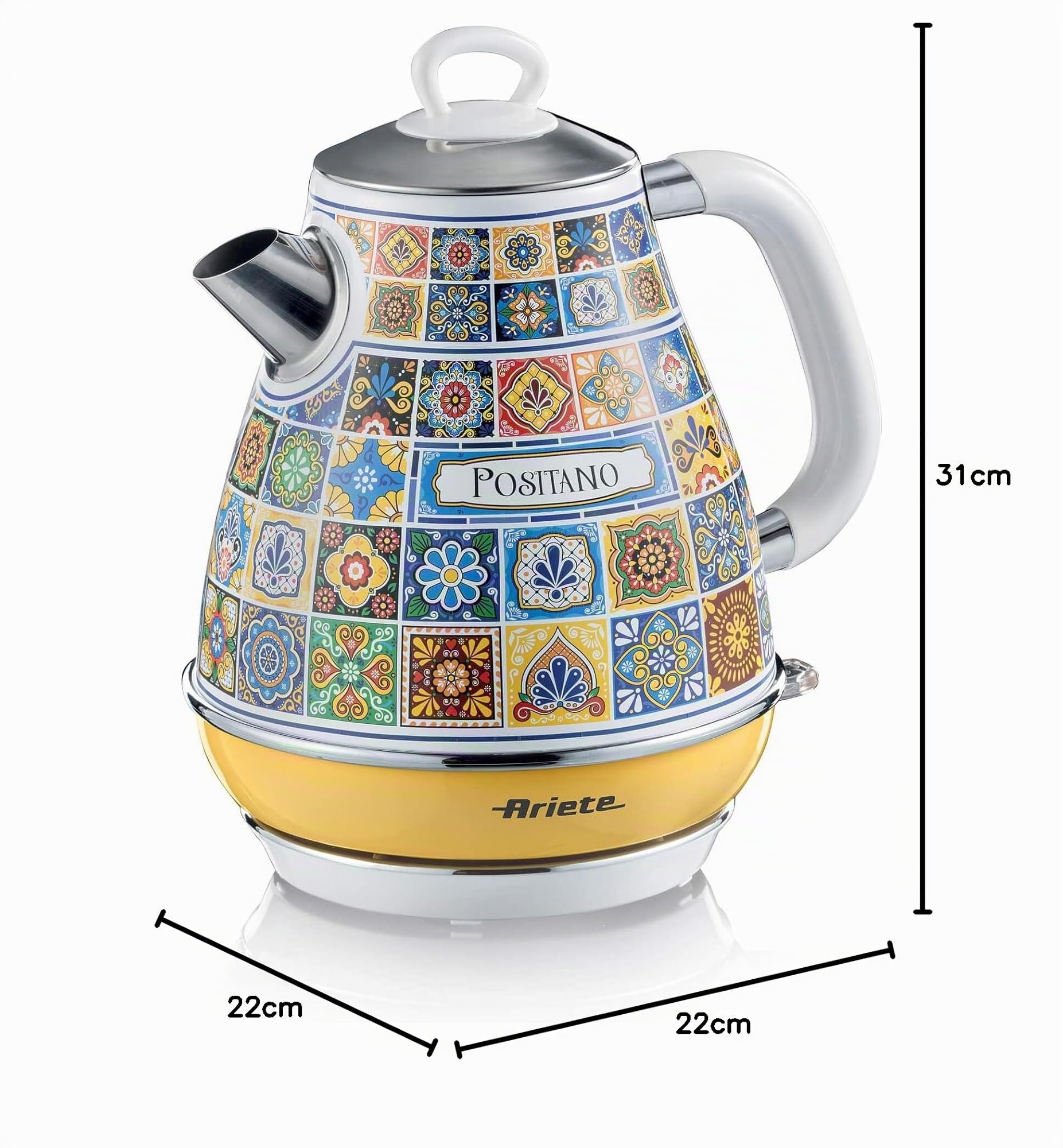 Ariete 2869 Elektrischer Wasserkocher Positano, 1,7 L Fassungsvermögen, mit Abnehmbarem Filter und 360° Kabelloser Basis, Mediterranes Design, Automatische Abschaltung, Edelstahlgehäuse, 2000 W