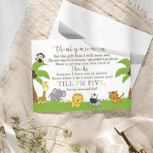 Miniatura 5 de Bonitas tarjetas de agradecimiento para baby shower de la selva con sobres (paquete de 25) mensaje preimpreso de bebés niños o niñas con espacio