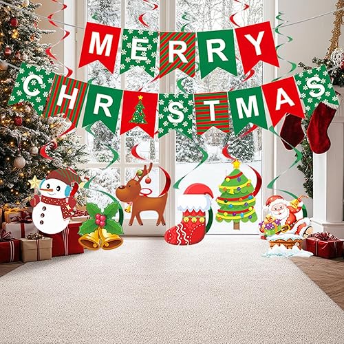 Miniatura 5 de Cartel de decoración de Feliz Navidad, decoración colgante de interior para fiesta de Navidad con 6 serpentinas en espiral y 14 globos para