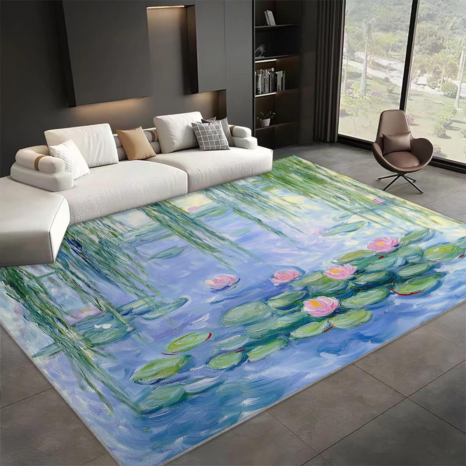 Tappeto verde con ninfee e laghetto, 160 x 230 cm, a pelo corto, moderno, per soggiorno e camera da letto, con retro antiscivolo, lavabile in lavatrice